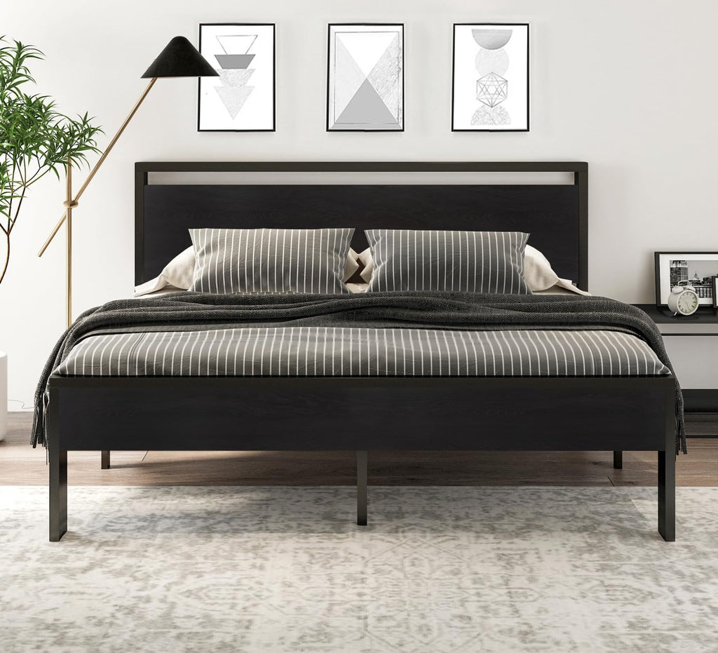 SHA CERLIN 14 Inch Queen Size Metal Platform Bed Frame with Wooden Headboard and Footboard wourant