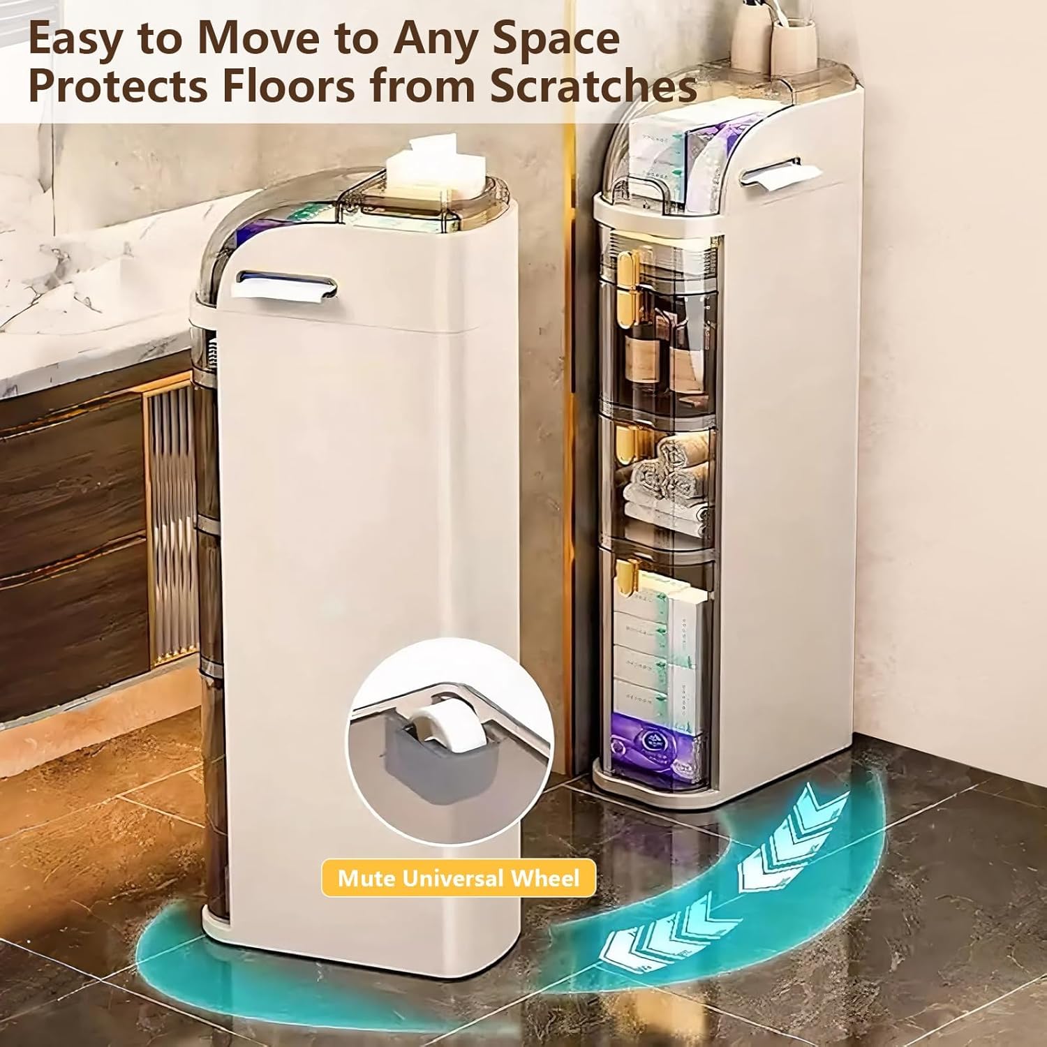 4-Tiers Narrow Bathroom Storage Cabinet 7.1 Slim Bathroom Floor Organizer with Drawers and Tissue Box Plastic Waterproof Mobile Locker wourant