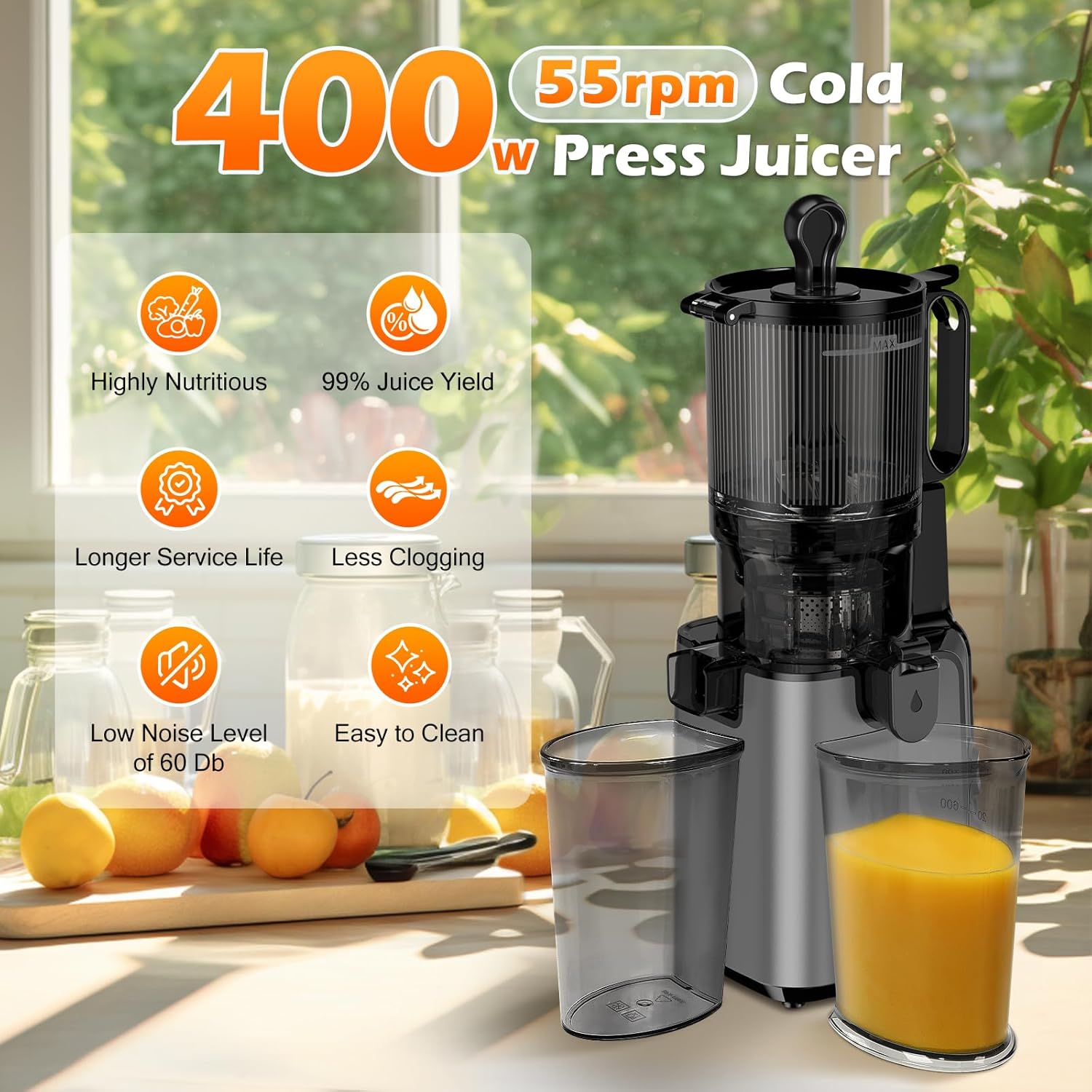 Juicer Machines with 5.8" Large Feed Chute Cold Press Juicer Slow Masticating juicer wourant