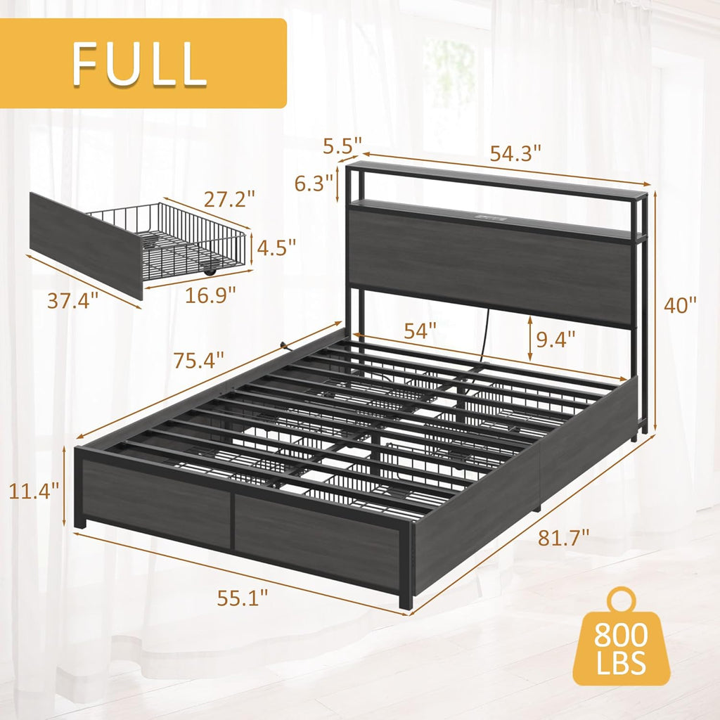Lifezone Queen Bed Frame with 2-Tier Storage Headboard, Metal Platform Bed Frame with 4 Storage Drawers, Built in Charging Station & LED, Noise-Free/Metal Support/No Box Spring Needed wourant