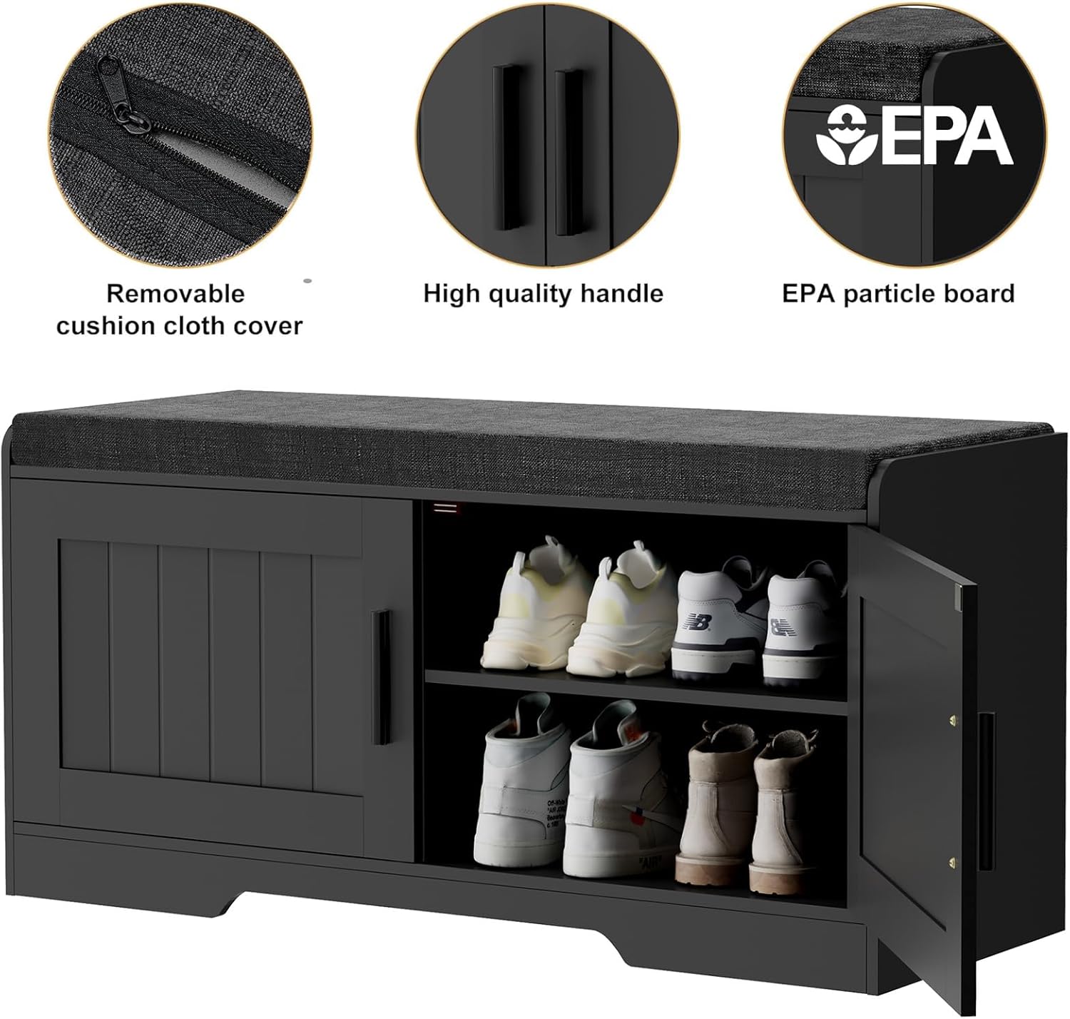 2-Tier Storage Bench, Shoe Bench with Thickened Padded Seat Cushion, Entryway Bench with 4 Doors, Adjustable Shelf, 13.8" D x 45.3" W x 18.5" H, for Entryway, Living Room, Bedroom, White wourant