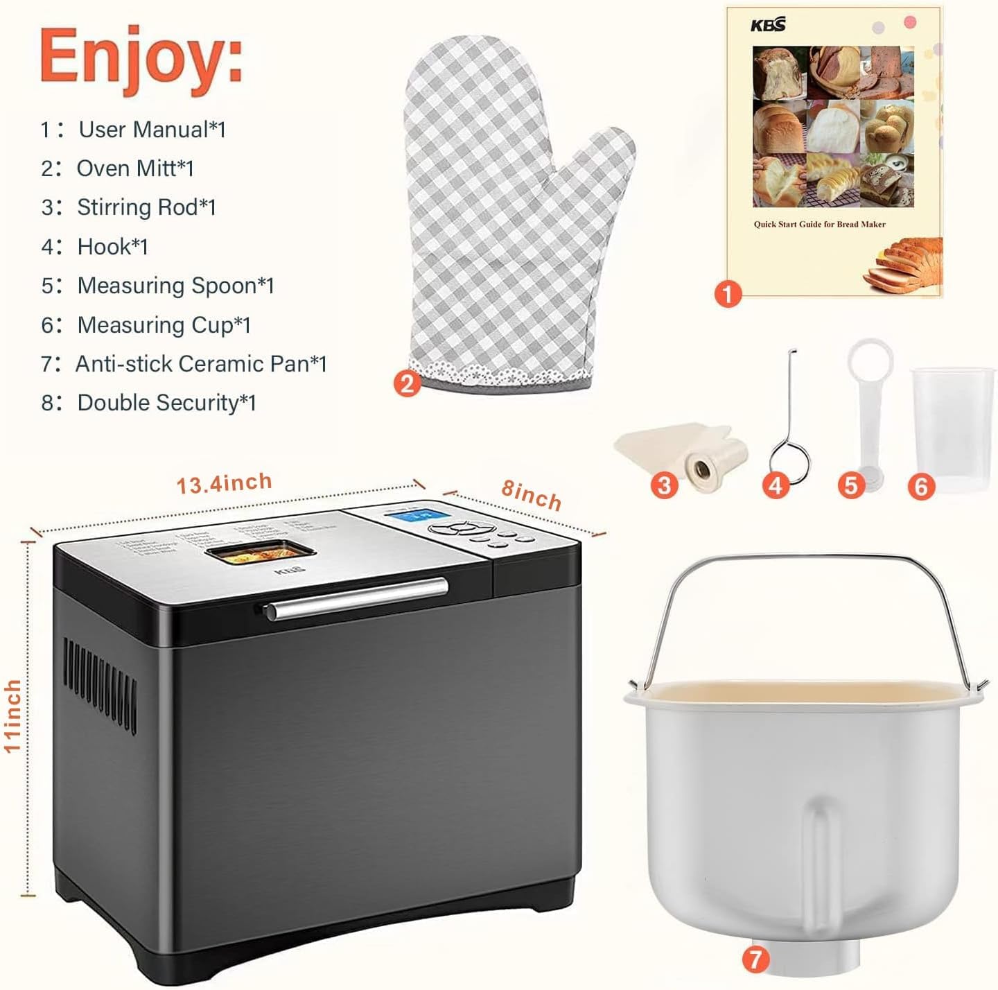 KBS 2LB Bread Maker, 19-in-1 Automatic Stainless Steel Bread Maker with Ceramic Pot, 650W Bread Maker, 3 Loaf Sizes wourant