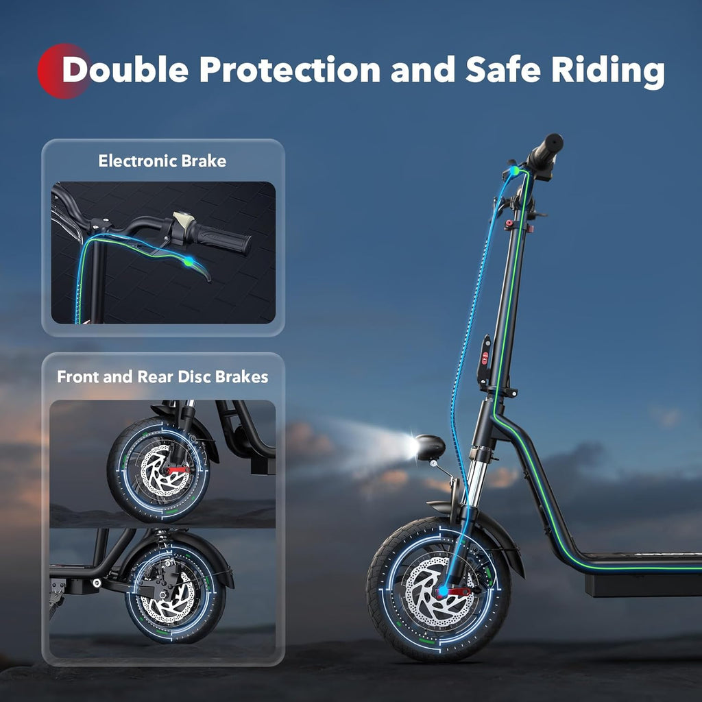 iScooter electric scooter with seat, 37/21 mile range, 28/19/15.6 mph top speed, dual suspension scooter with basket wourant