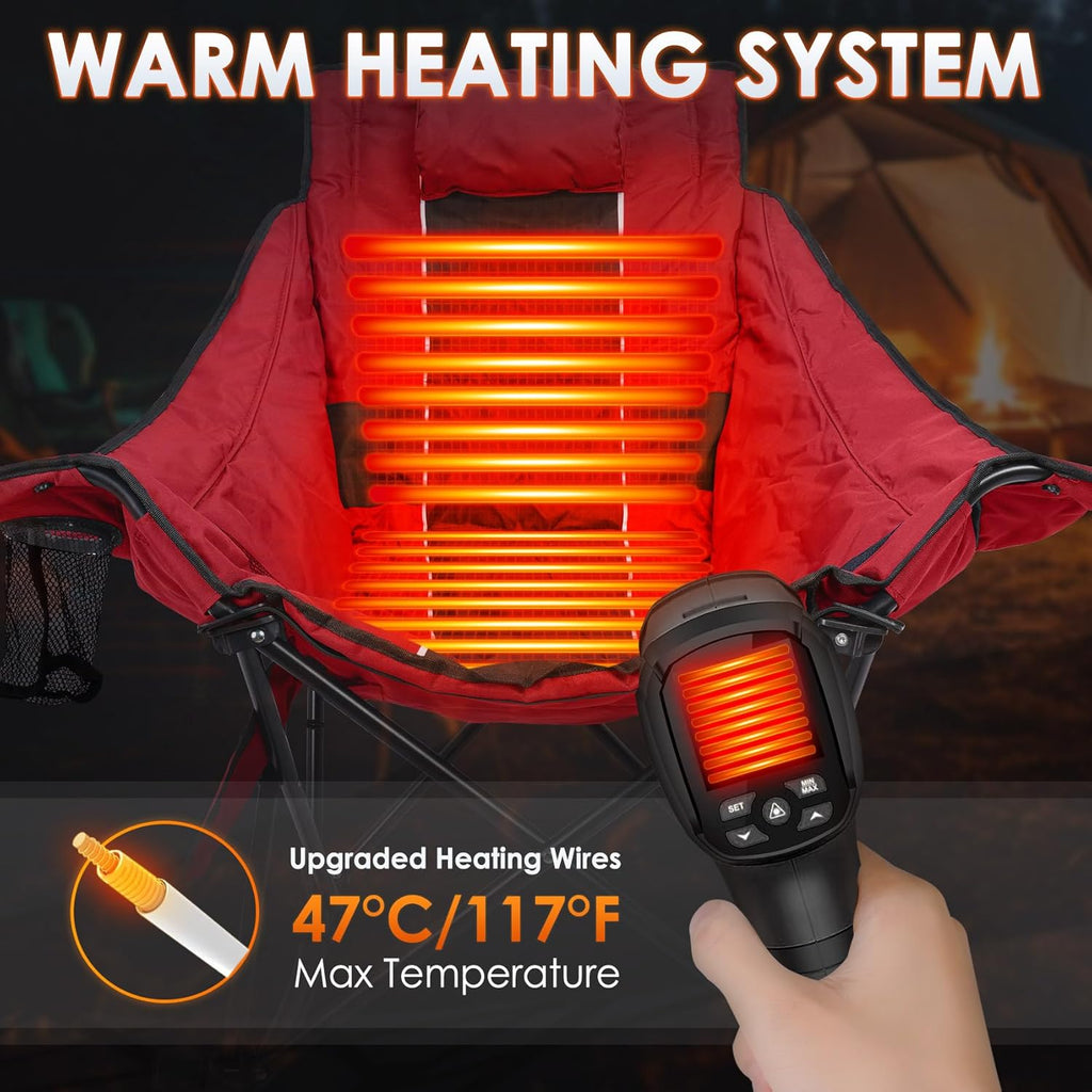 Heated Camping Chair, Extra Large Heated Chair Outdoor Sports Chair with 3 Heat Levels on Back and Seat, Portable Folding Heated Outdoor Chair (Batteries Not Included) wourant
