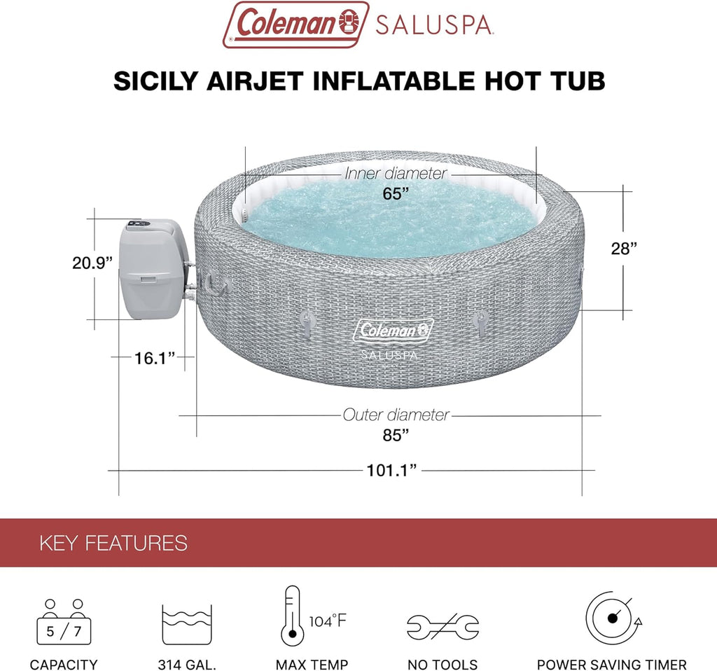 SaluSpa Sicily AirJet 7 Person Inflatable Hot Tub Round Portable Outdoor Spa with 180 Soothing AirJets and Insulated Cover, Gray wourant