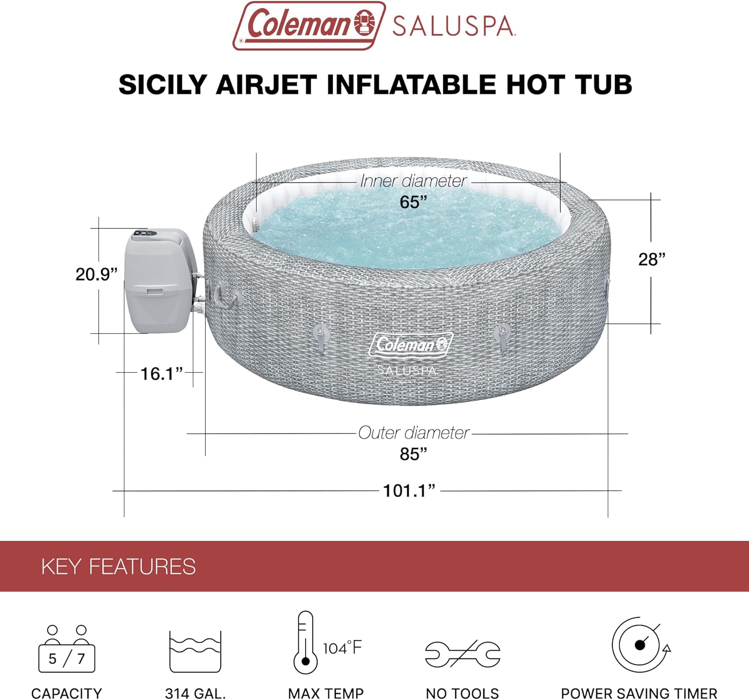 SaluSpa Sicily AirJet 7 Person Inflatable Hot Tub Round Portable Outdoor Spa with 180 Soothing AirJets and Insulated Cover, Gray wourant