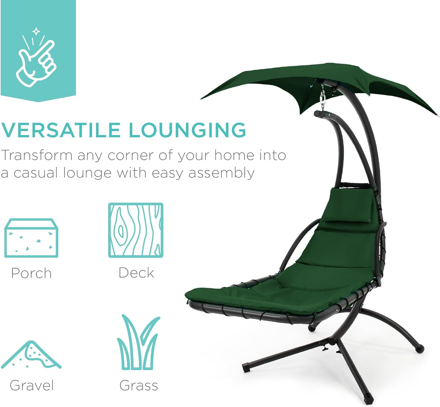 Best Choice Products Outdoor Hanging Curved Steel Chaise Lounge Chair Swing w/Built-in Pillow and Removable Canopy - Teal wourant