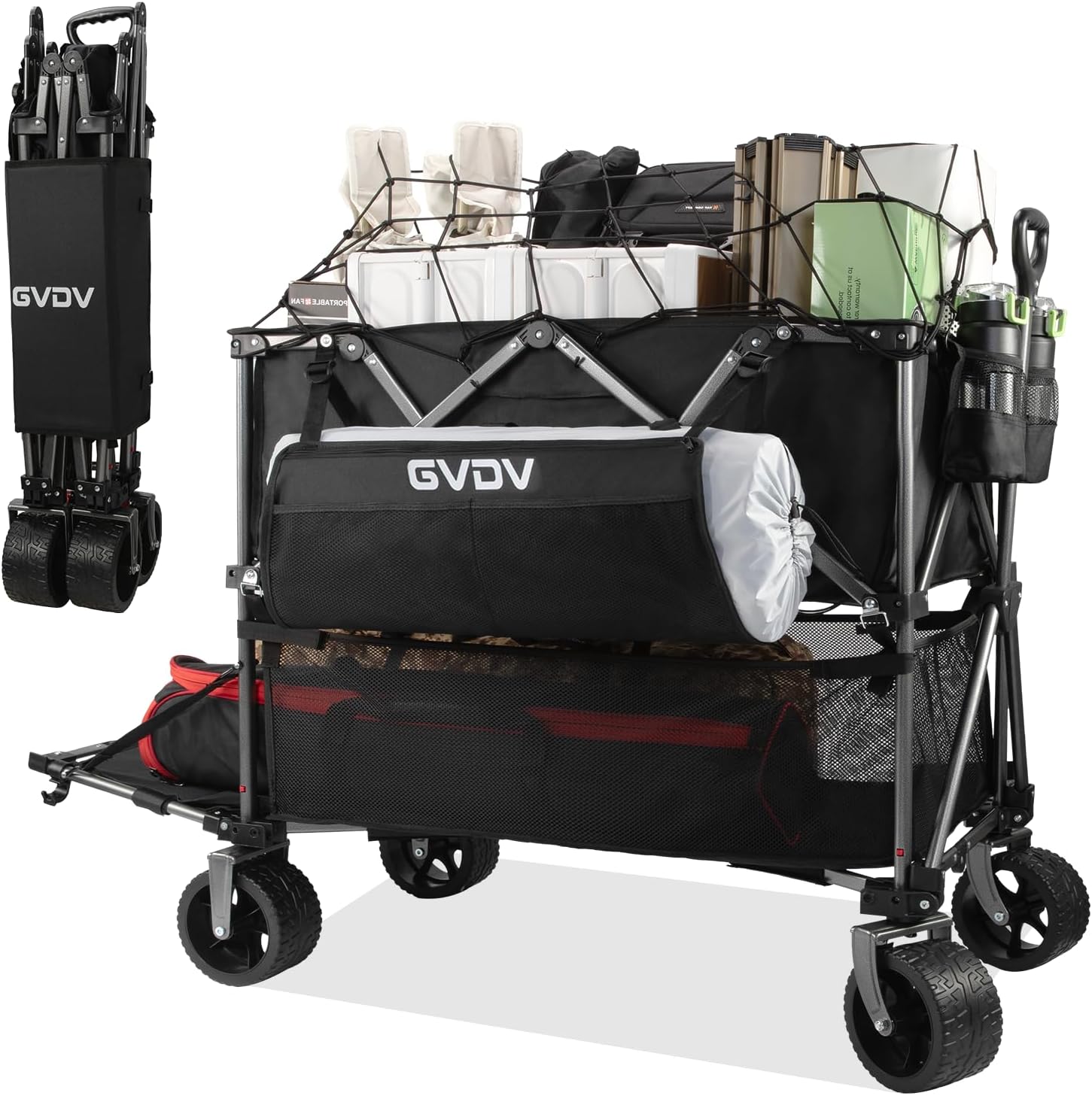 Double-decker cart, 500 lb capacity, 400 liter foldable cart, all-terrain wheels, 46" extra-long extension cart, foldable cart wourant