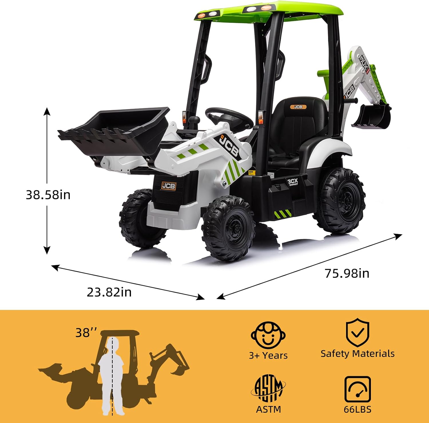 12V JCB Ride On Excavator, Ride on Toys for Kids 4-8, Electric Car for Kids with Tractor, Bulldozer, Digging Arm, Backhoe Toy Car with Slow Start/Stop, Adjustable Speeds wourant