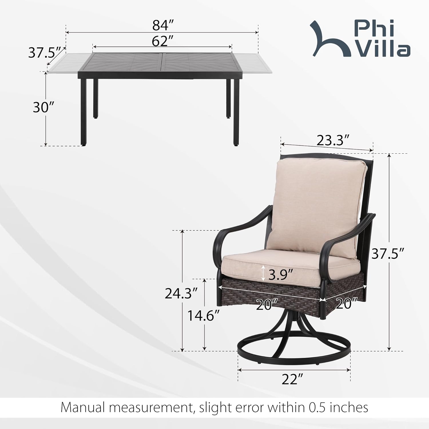PHI VILLA 6-Piece Outdoor Dining Sets, All-Weather Patio Table and Chairs Set with Umbrella for 4, Heavy Duty Patio Round Table Set for Deck, 4 Extra Large Outdoor Swivel Chairs with Thick Cushions wourant