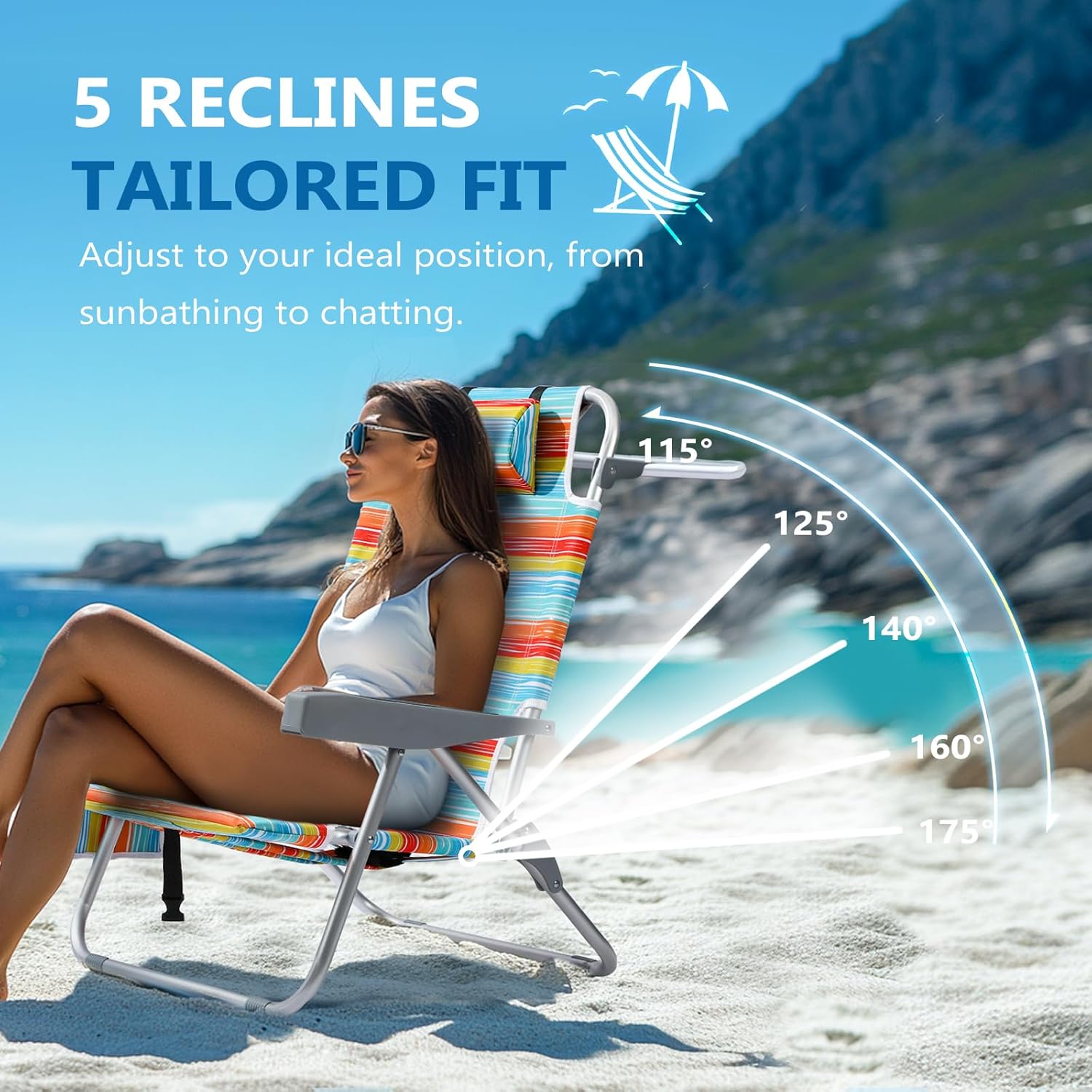 5-Position Aluminum Lay Flat Tall Backpack Beach Chairs 2 Pack Compact Portable Beach Chairs for Adults with Cooler Pouch, Storage Pouch, Towel Bar, Cup Holder & Phone Holder, Blue Stripe wourant