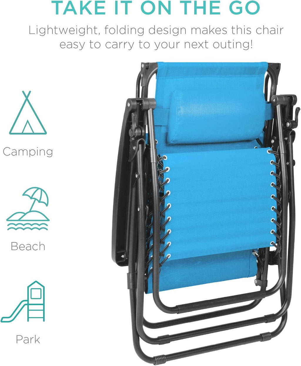 Best Choice Products Folding Zero Gravity Outdoor Recliner Patio Lounge Chair w/Adjustable Canopy Shade, Headrest, Side Accessory Tray, Textilene Mesh - Peacock Blue wourant
