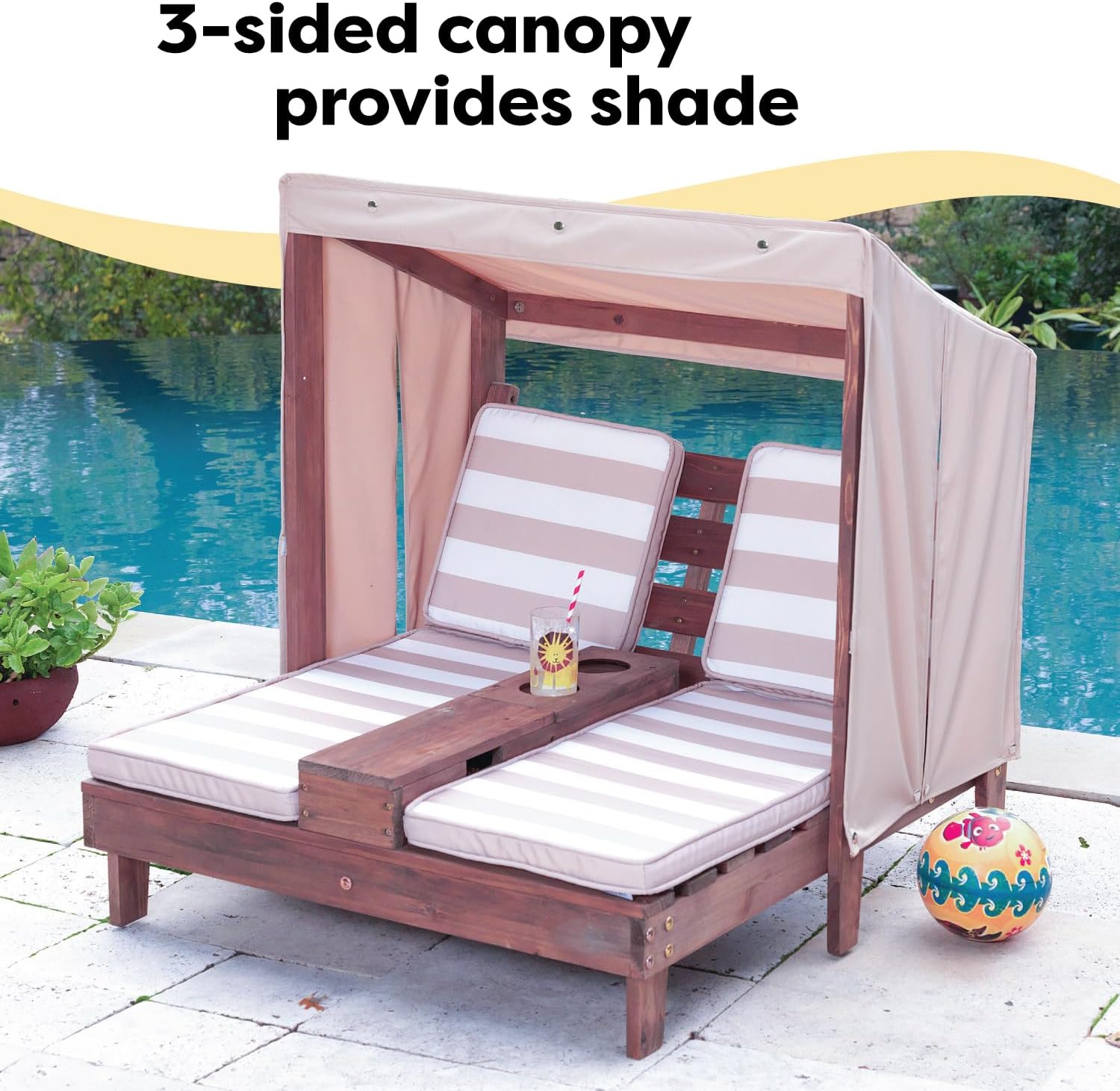 KidKraft Wooden Outdoor Double Chaise Lounge with Cup Holders, Kid's Patio Furniture, Honey with Navy and White Striped Fabric, Gift for Ages 3-8 wourant