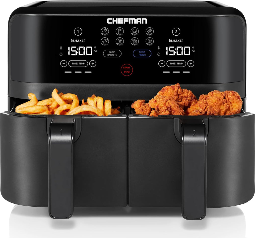 Chefman 6 Quart Dual Basket Air Fryer - Digital Touchscreen, Smart Sync Finish, Hi-Fry, Auto Shutoff, 2 Independent 3QT Nonstick Dishwasher-Safe Frying Baskets - Digital Double Air Fryer - Black wourant