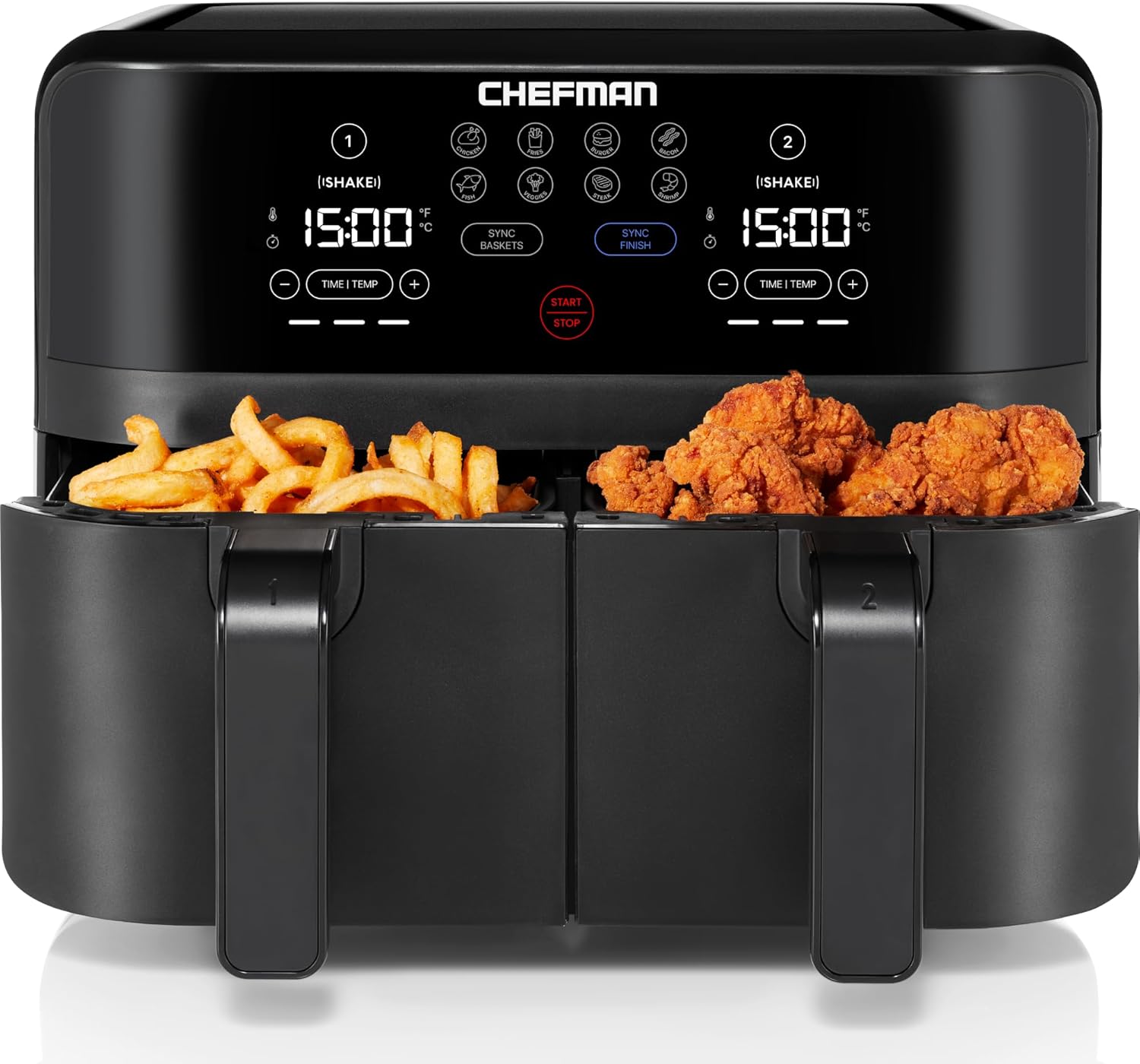 Chefman 6 Quart Dual Basket Air Fryer - Digital Touchscreen, Smart Sync Finish, Hi-Fry, Auto Shutoff, 2 Independent 3QT Nonstick Dishwasher-Safe Frying Baskets - Digital Double Air Fryer - Black wourant