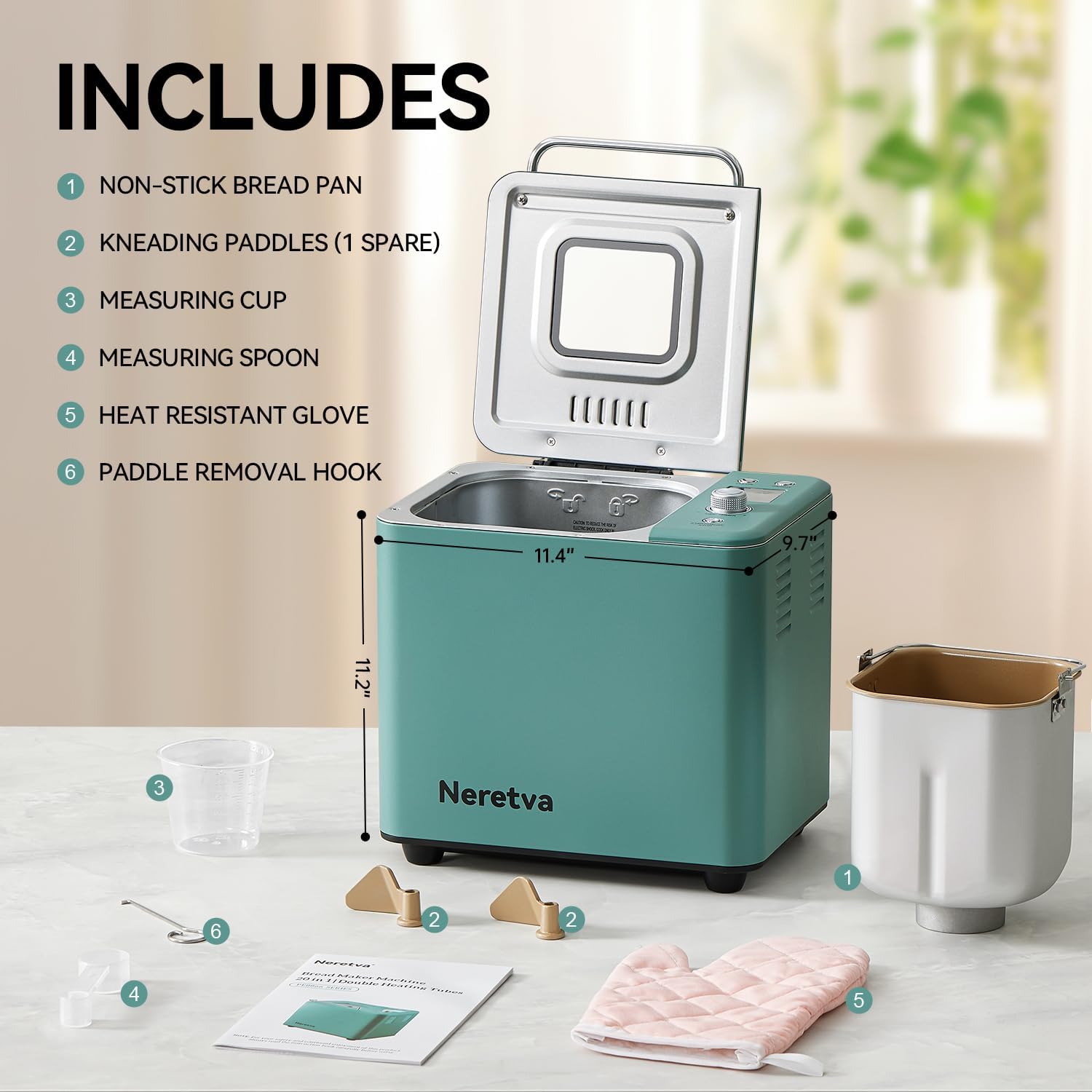 Neretva Bread Maker, 20-IN-1 2LB Bread Machine Dual Heater Bread Maker Machine Automatic with Nonstick Ceramic Pan, 15H Timer & 1H Keep Warm Set, Low Noise, Stainless Steel Breadmaker Recipe-Green wourant
