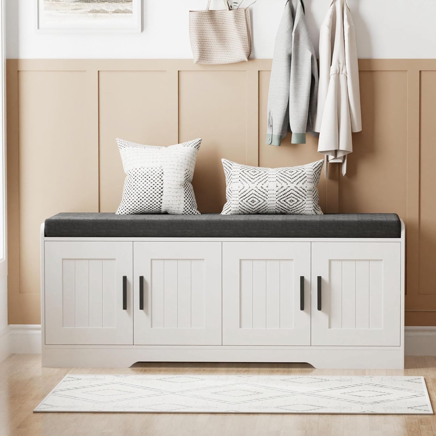 2-Tier Storage Bench, Shoe Bench with Thickened Padded Seat Cushion, Entryway Bench with 4 Doors, Adjustable Shelf, 13.8" D x 45.3" W x 18.5" H, for Entryway, Living Room, Bedroom, White wourant
