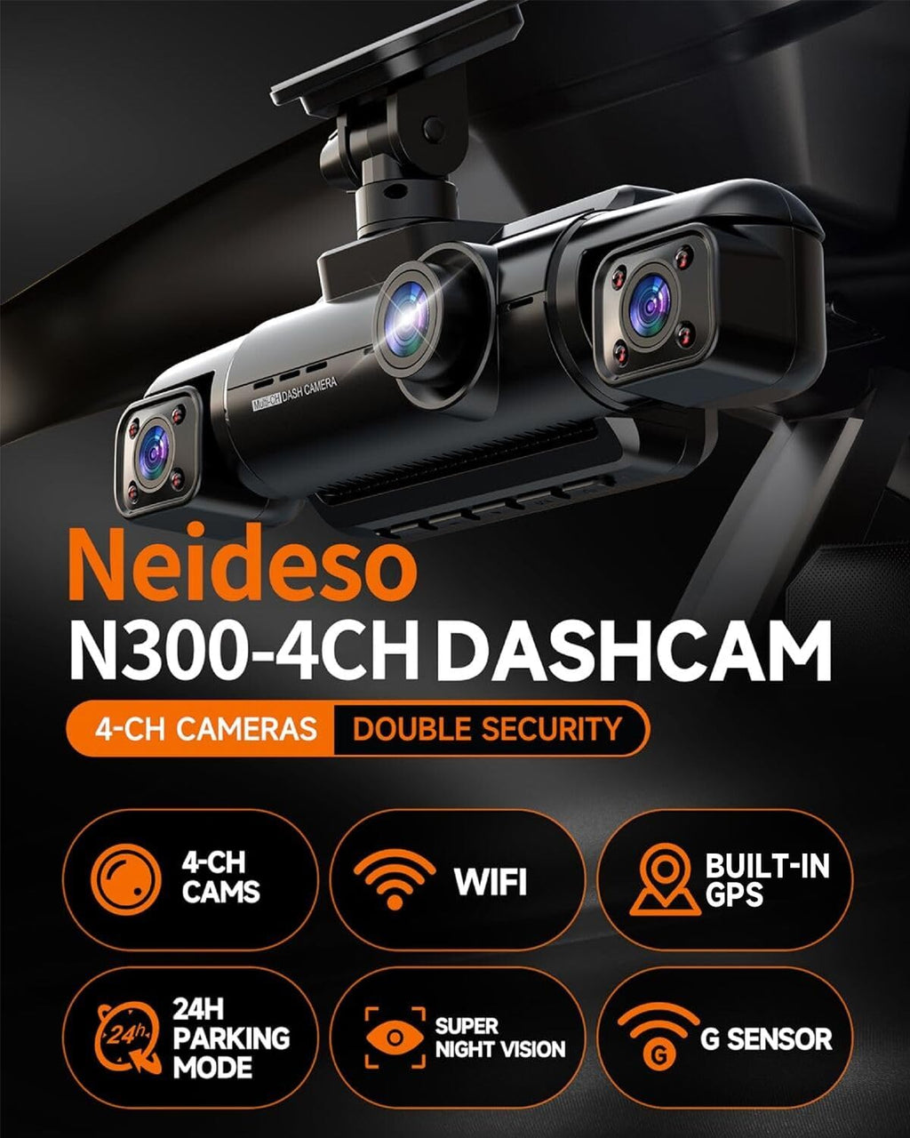 360° Dash Cam 4-Channel FHD 4*1080P Wi-Fi GPS Voice Control Car Camera, Front 2K+1080P*2 Dash Cam, with 64GB SD Card, Night Vision, 24-Hour Parking Mode wourant