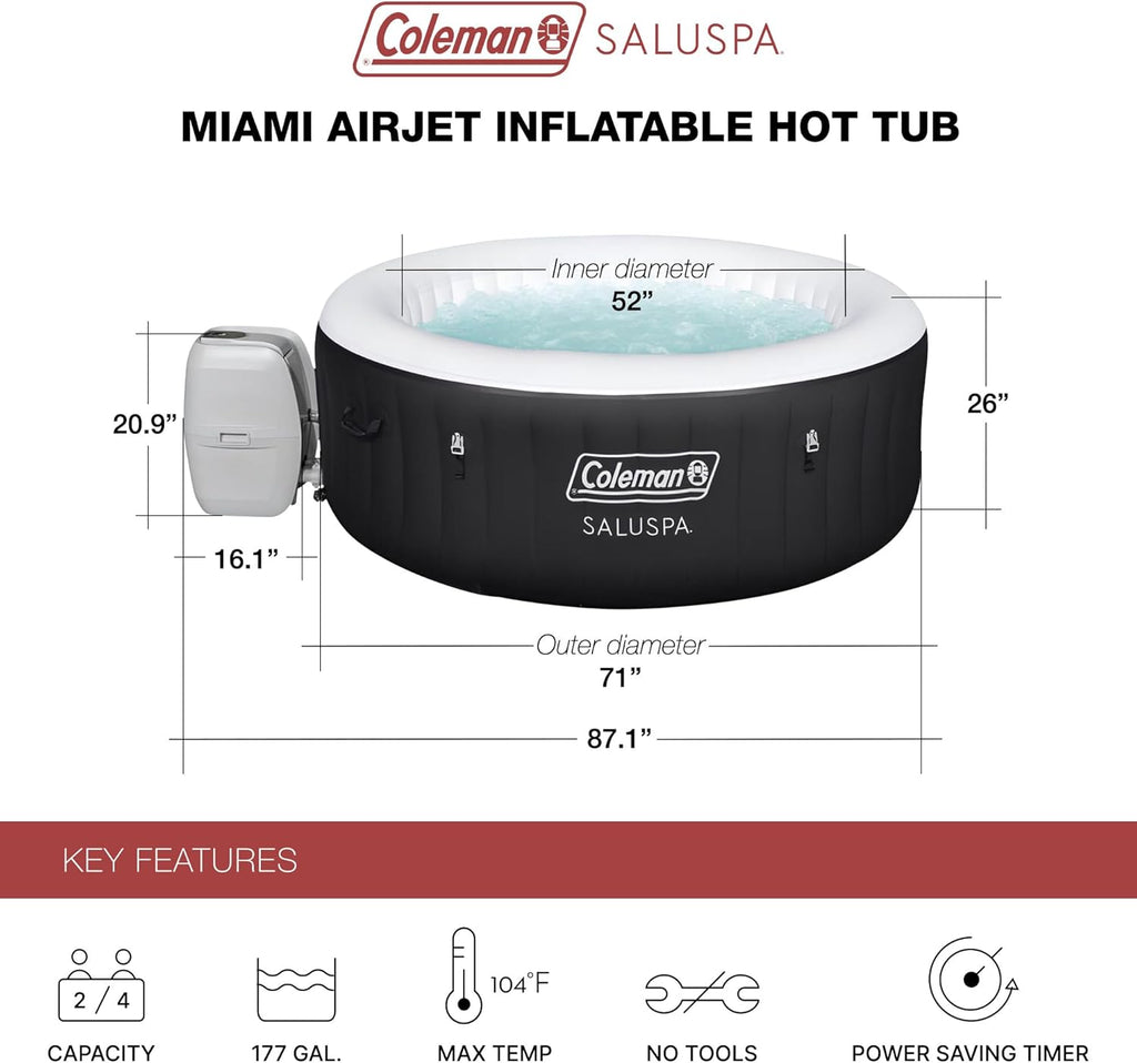 Coleman SaluSpa Miami AirJet 2 to 4 Person Round Inflatable Hot Tub Portable Outdoor Spa with 120 Soothing AirJets and Insulated Cover, Black wourant