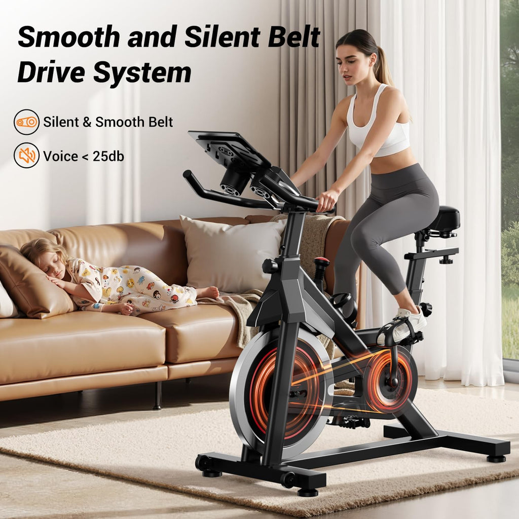 CURSOR FITNESS Exercise Bike, Stationary Bikes for Home, 300 LBS Capacity, Workout Bike with Silent Belt Drive, Indoor Cycling Bike with Extra Comfort Seat/IPad Mount/3 Bottle Holders wourant