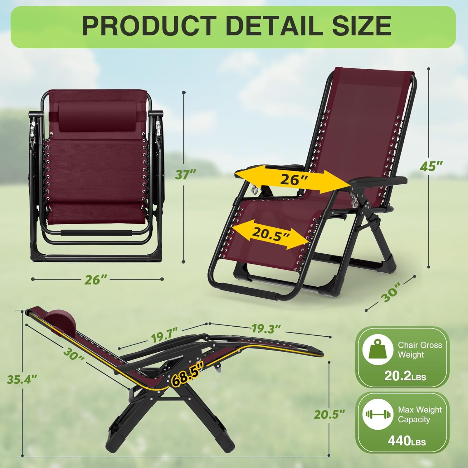 Indoor and outdoor patio chair folding lounge chair zero gravity chair with removable cushion camping lounge chair wourant