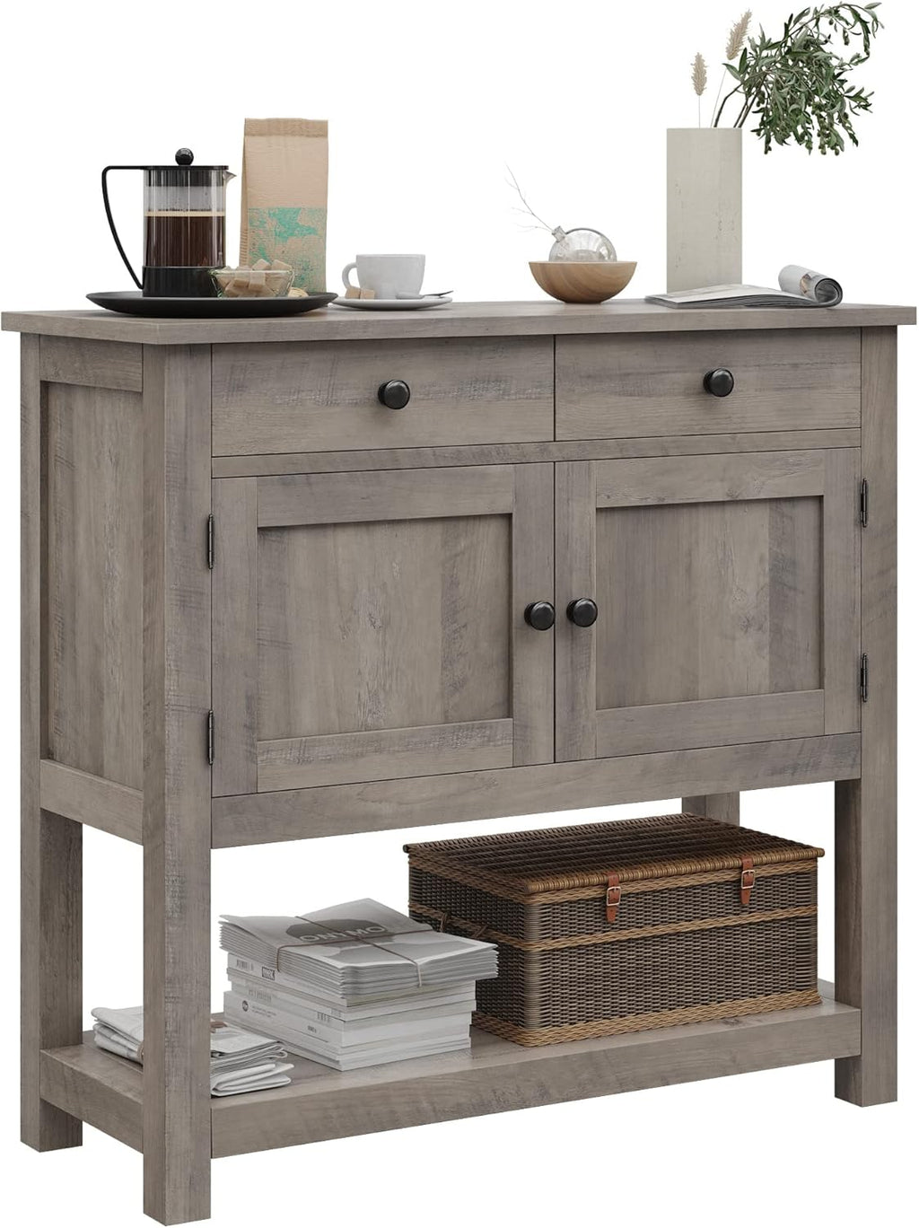 HOSTACK Farmhouse Console Table with 2-Door Cabinet & 2 Drawers, Coffee Bar, Entryway Table with Storage Shelf, Sofa Tables Buffet Sideboard for Kitchen, Hallway, Dining, Living Room, Rustic Brown wourant