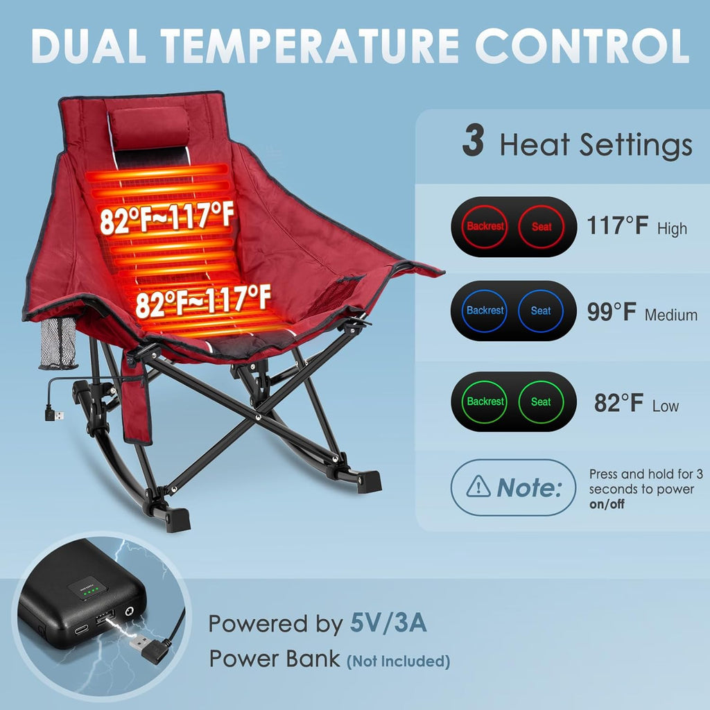 Heated Camping Chair, Extra Large Heated Chair Outdoor Sports Chair with 3 Heat Levels on Back and Seat, Portable Folding Heated Outdoor Chair (Batteries Not Included) wourant