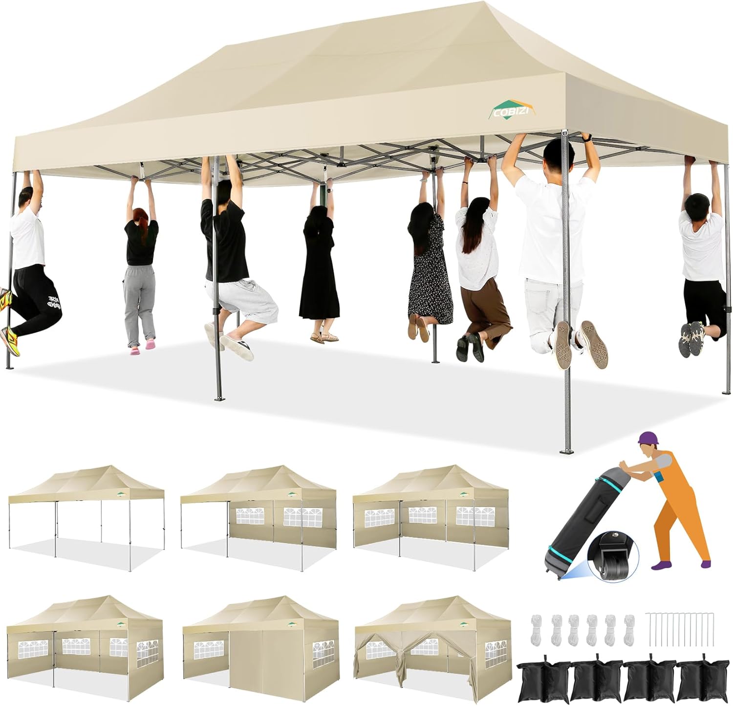 COBIZI 10x20 Heavy Duty Pop up Canopy Tent with 6 sidewalls Easy Up Commercial Outdoor Canopy Wedding Party Tents for Parties All Season Wind & Waterproof Gazebo with Roller Bag,Black(Frame Thickened) wourant