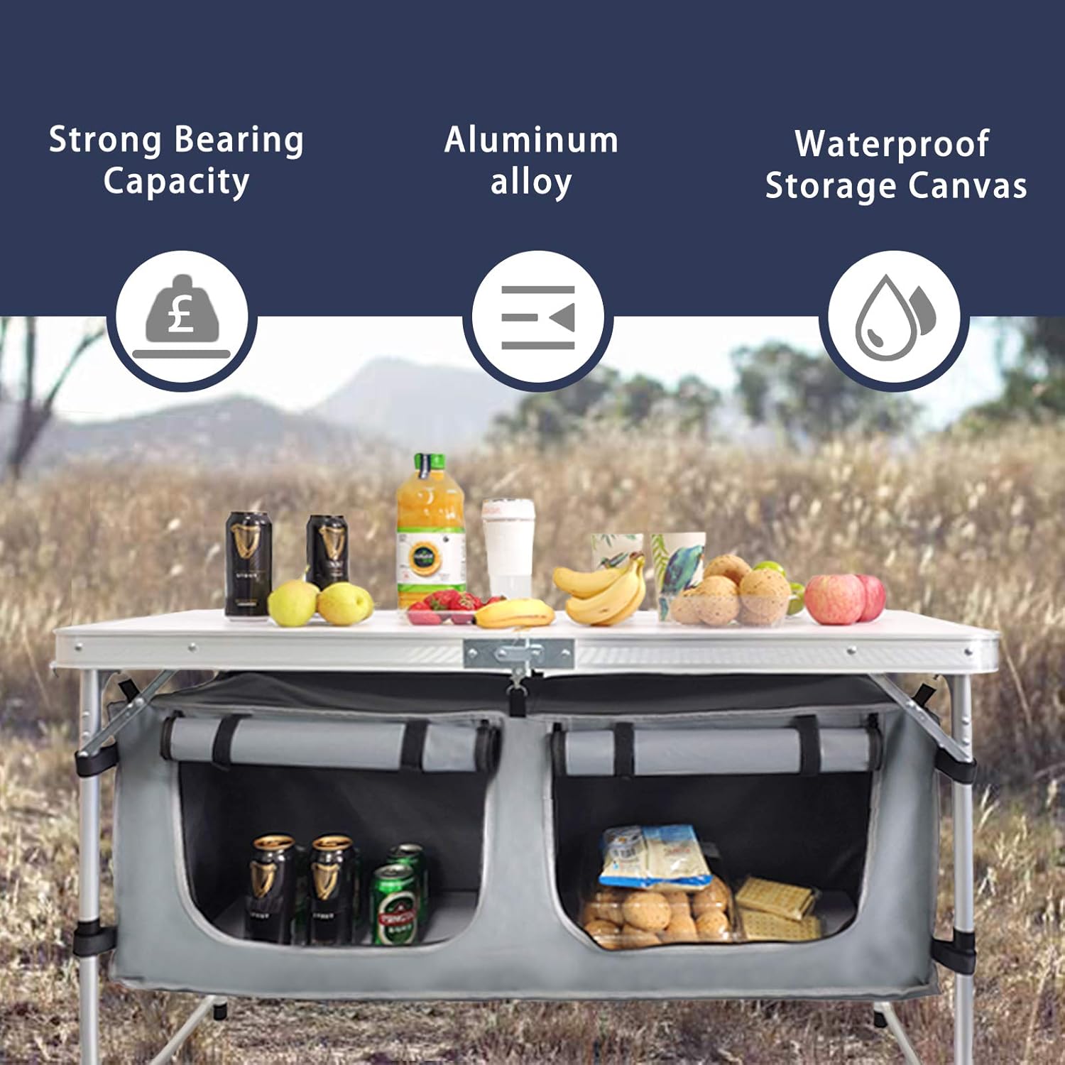 Outdoor Folding Table Aluminum Lightweight Height Adjustable with Storage Organizer for BBQ, Party, Camping wourant