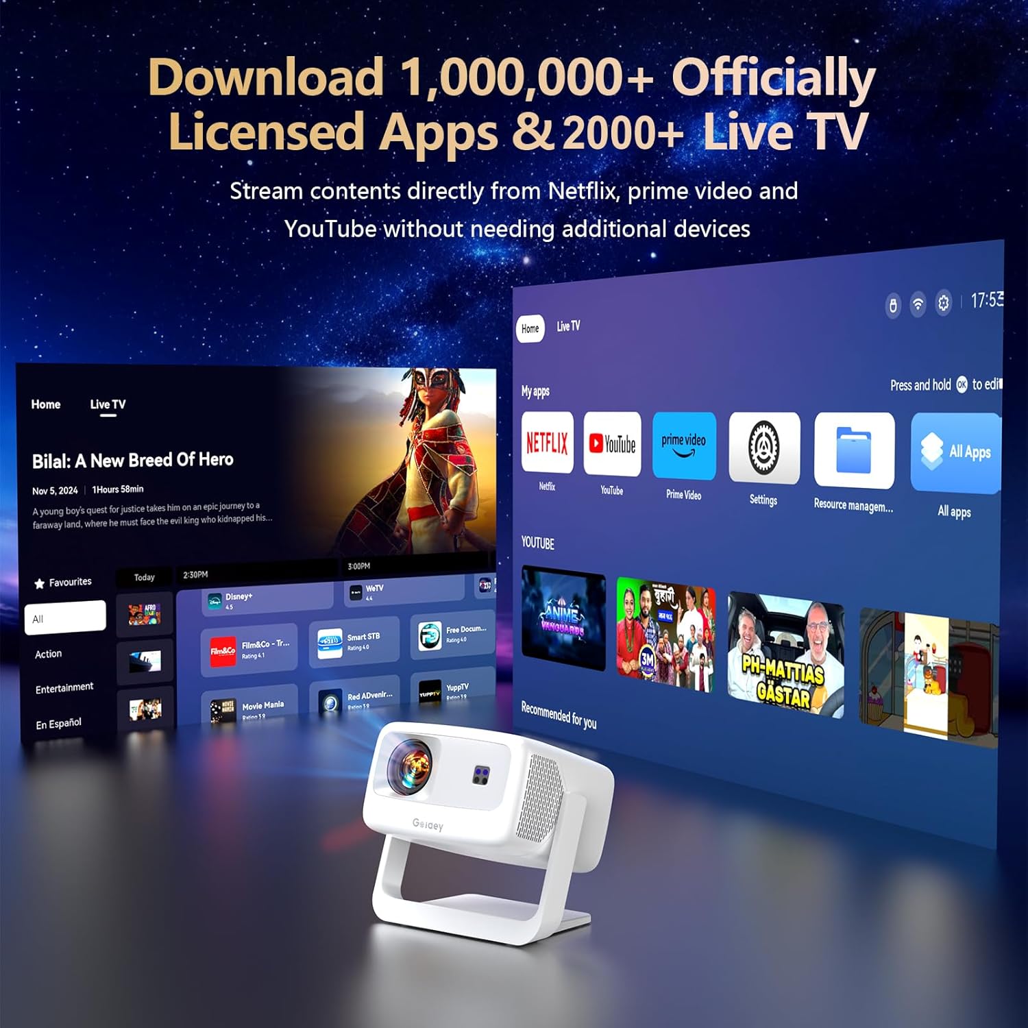 [3000+ Licensed Apps/Live TV/HDR10+/50W DoIby Audio] Smart 4K-Projector with WiFi wourant