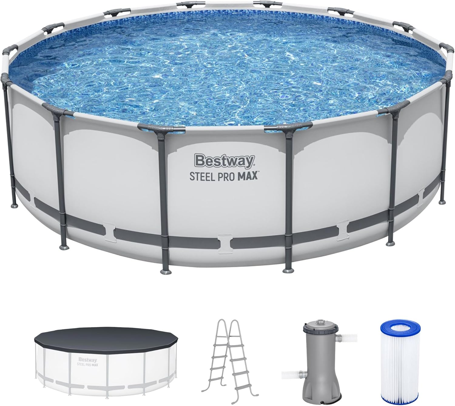 Steel Pro MAX 14 Foot x 48 Inch Round Metal Frame Above Ground Outdoor Swimming Pool Set with 1,000 Filter Pump, Ladder, and Cover, Gray wourant