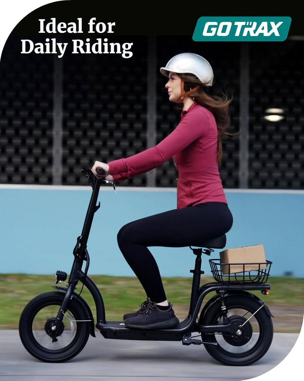 Gotrax adult electric scooter with seat, maximum range of 19-25 miles, all-terrain tires, wide pedals, padded seat, and carrycot wourant