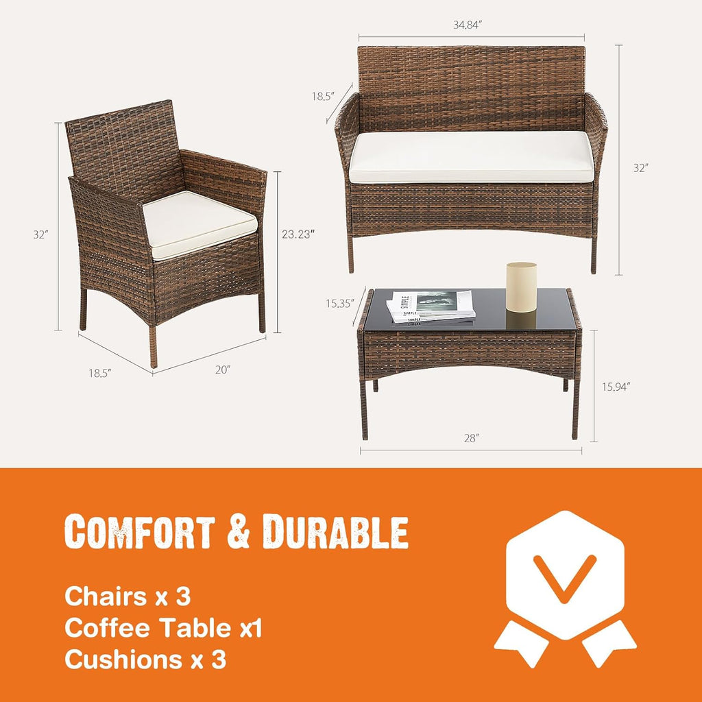 Sweetcripy Patio Furniture Set 3 Pieces, Outdoor Furniture with Soft Cushion and Glass Table, All Weather Manual Weaving Wicker Rattan Patio Chairs for Garden, Terrace, Porch(Black and Beige) wourant