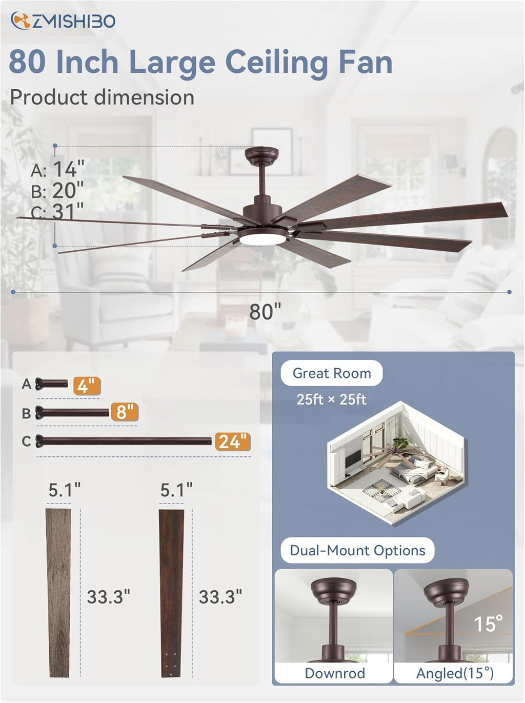 ZMISHIBO 72 inch Large Ceiling Fans with Lights and Remote, Indoor/Outdoor Black Modern Ceiling Fan for Kitchen Living Room Patio, 6 Speed Reversible Quiet DC Motor, 3 CCT, Dual Finish 8 Blades wourant