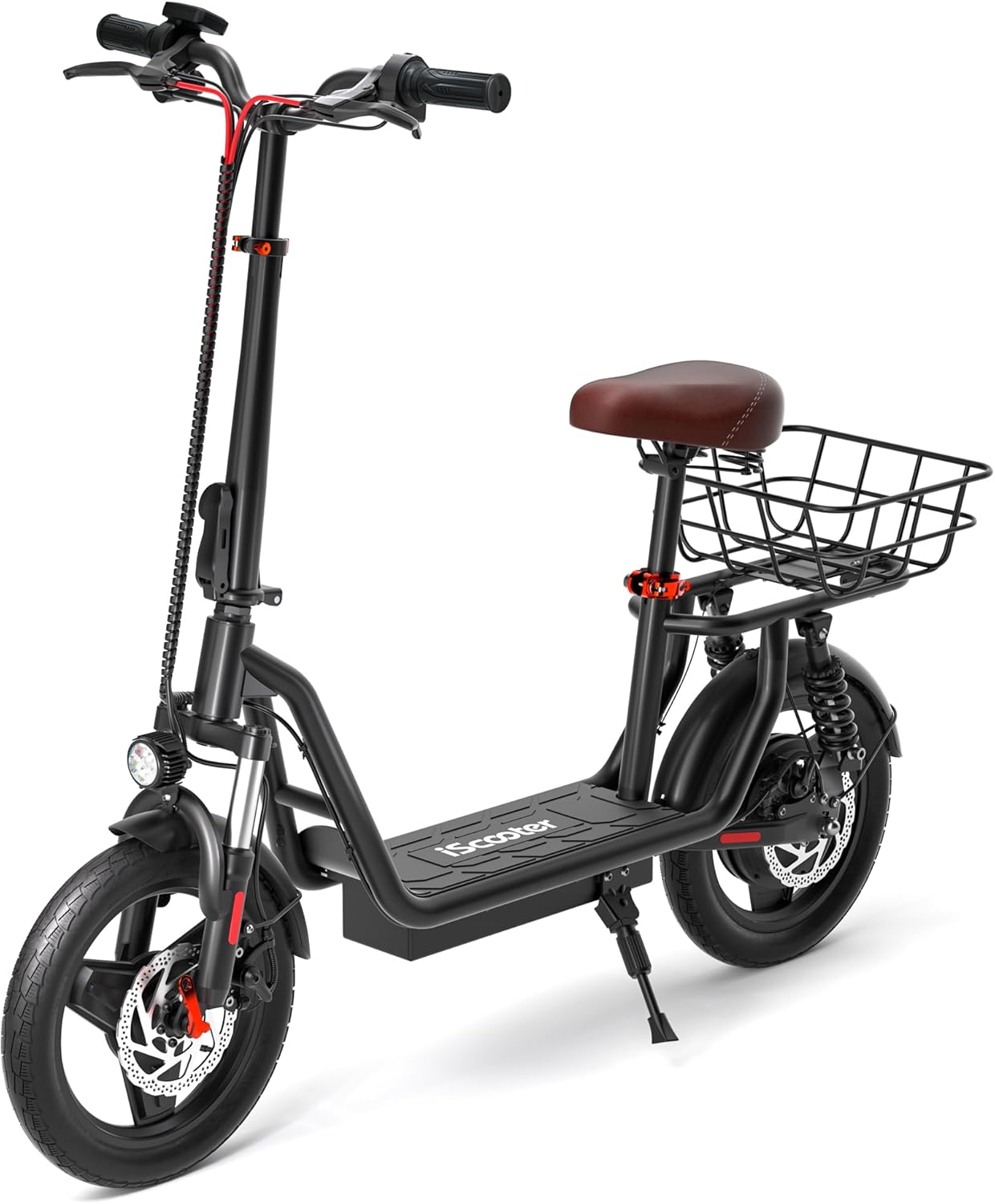 iScooter electric scooter with seat, 37/21 mile range, 28/19/15.6 mph top speed, dual suspension scooter with basket wourant