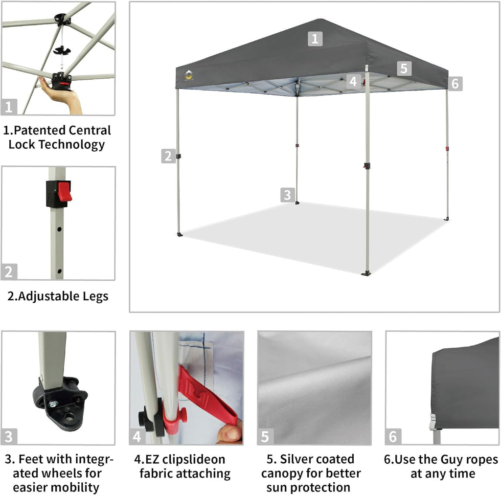 10x10 Pop-Up Awning - One-Click Installation Beach Tent - Outdoor Sunshade Silver Coated Top, 3 Heights and 4 Sand Pockets wourant