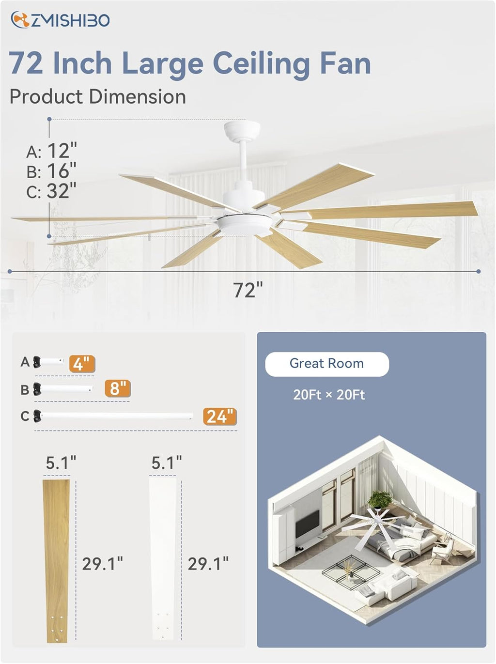 ZMISHIBO 72 inch Large Ceiling Fans with Lights and Remote, Indoor/Outdoor Black Modern Ceiling Fan for Kitchen Living Room Patio, 6 Speed Reversible Quiet DC Motor, 3 CCT, Dual Finish 8 Blades wourant