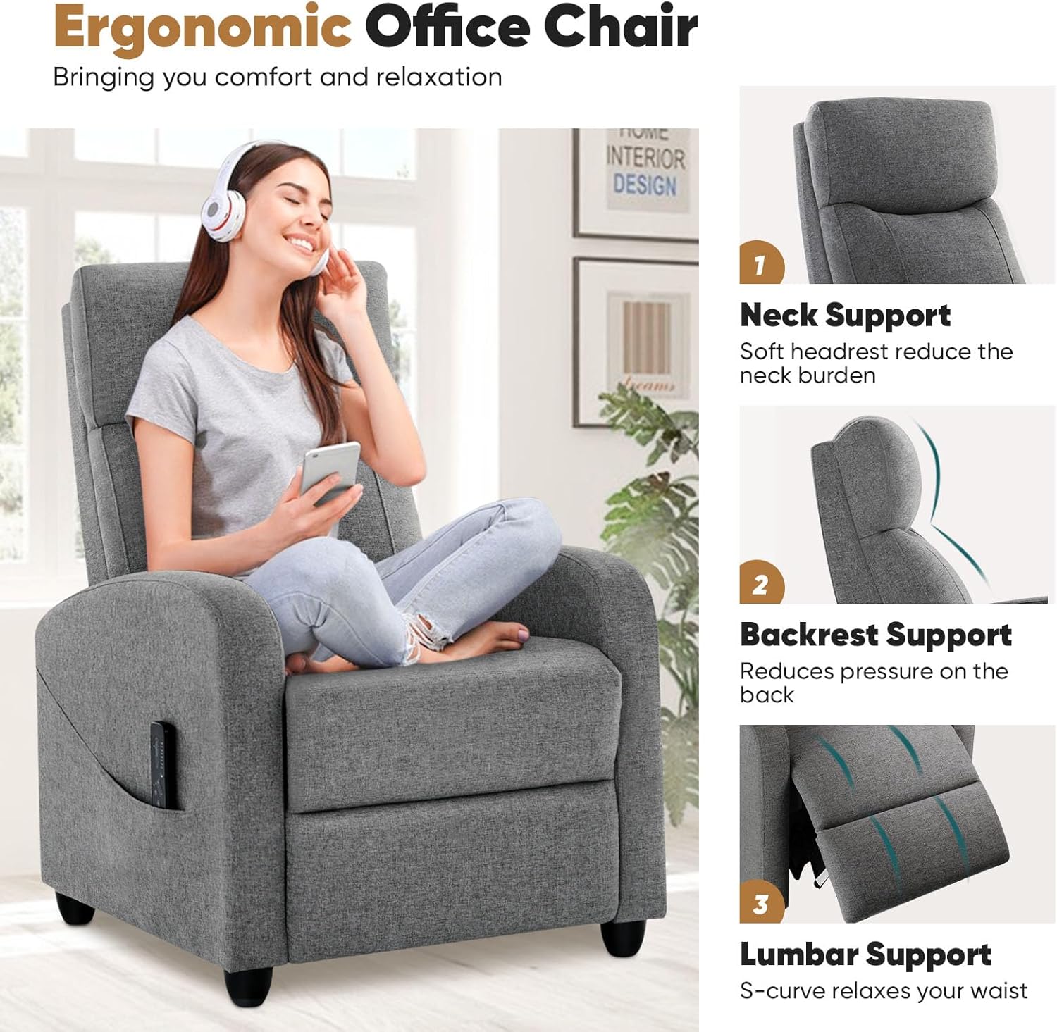 DUMOS Recliner Chair for Adults, Massage Reclining Chair for Living Room, Adjustable Home Theater Seating Single Sofa with Padded Seat Backrest and Footrest, Linen, Grey wourant