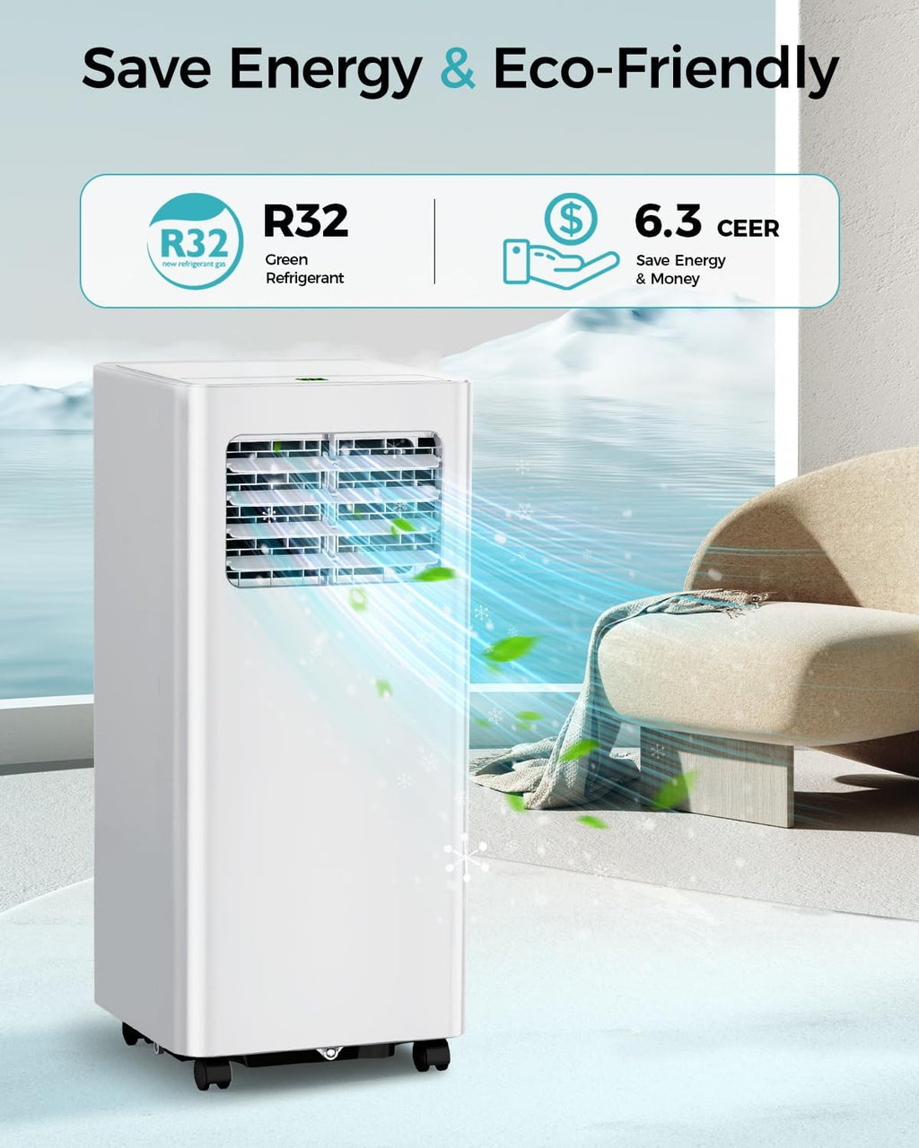 8,000 BTU Portable Air Conditioner - 3-in-1 AC Unit with Remote Control, Ultra-Quiet Cooling for Rooms up to 350 sq. ft., 24H Timer, Sleep Mode wourant