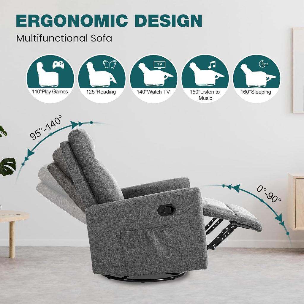 Swivel Rocking Recliner Chair with Extra Large Footrest High Back, Upholstered Glider Nursery Chair for Living Room, Bedroom & Nursery, Comfortable Deep Seat for Relaxation, Grey wourant