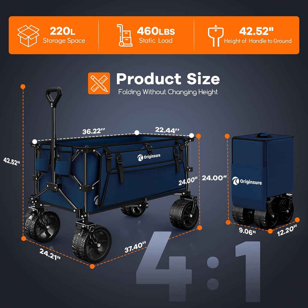 38" long foldable four-wheel stroller, foldable, 460 lb capacity, 220 liter heavy-duty folding beach stroller with large all-terrain tires wourant