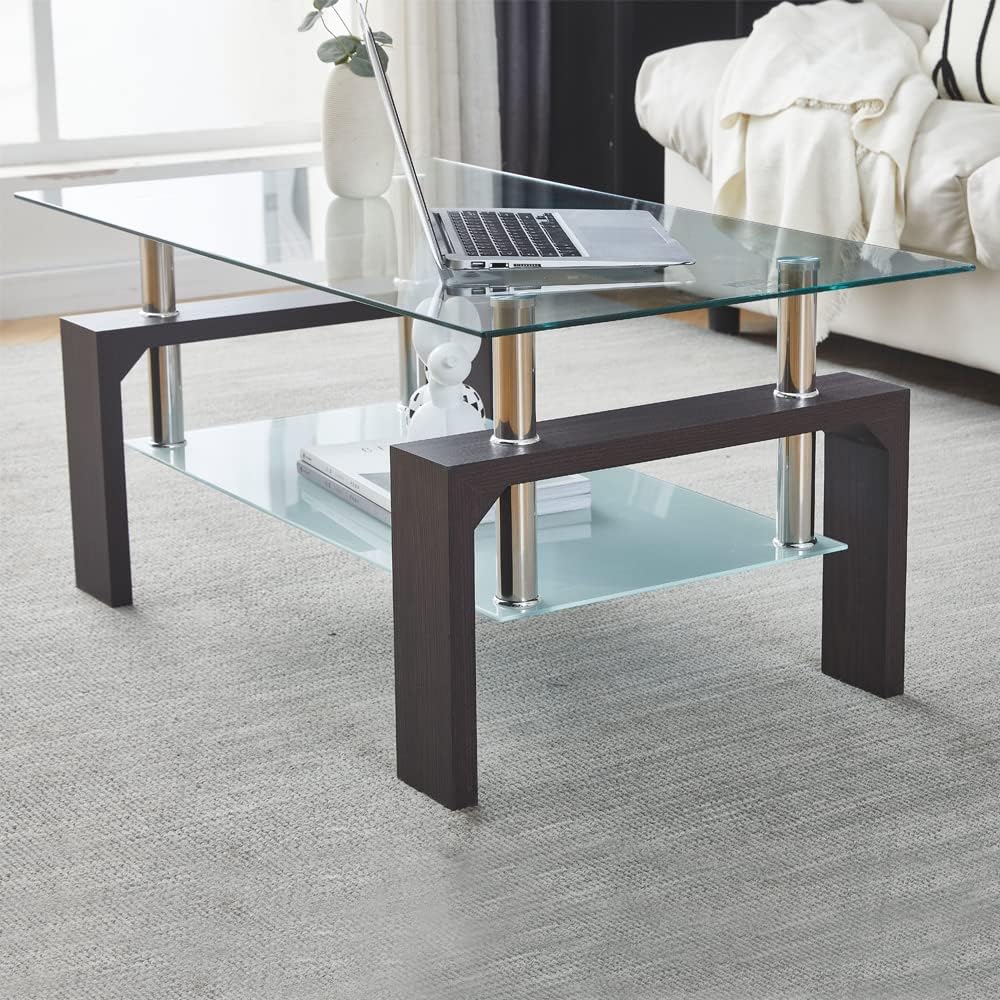 Living Room Rectangle Coffee Table, Tea Table Suitable for Waiting Room, Modern Side Coffee Table with Wooden Leg, Glass Tabletop wourant