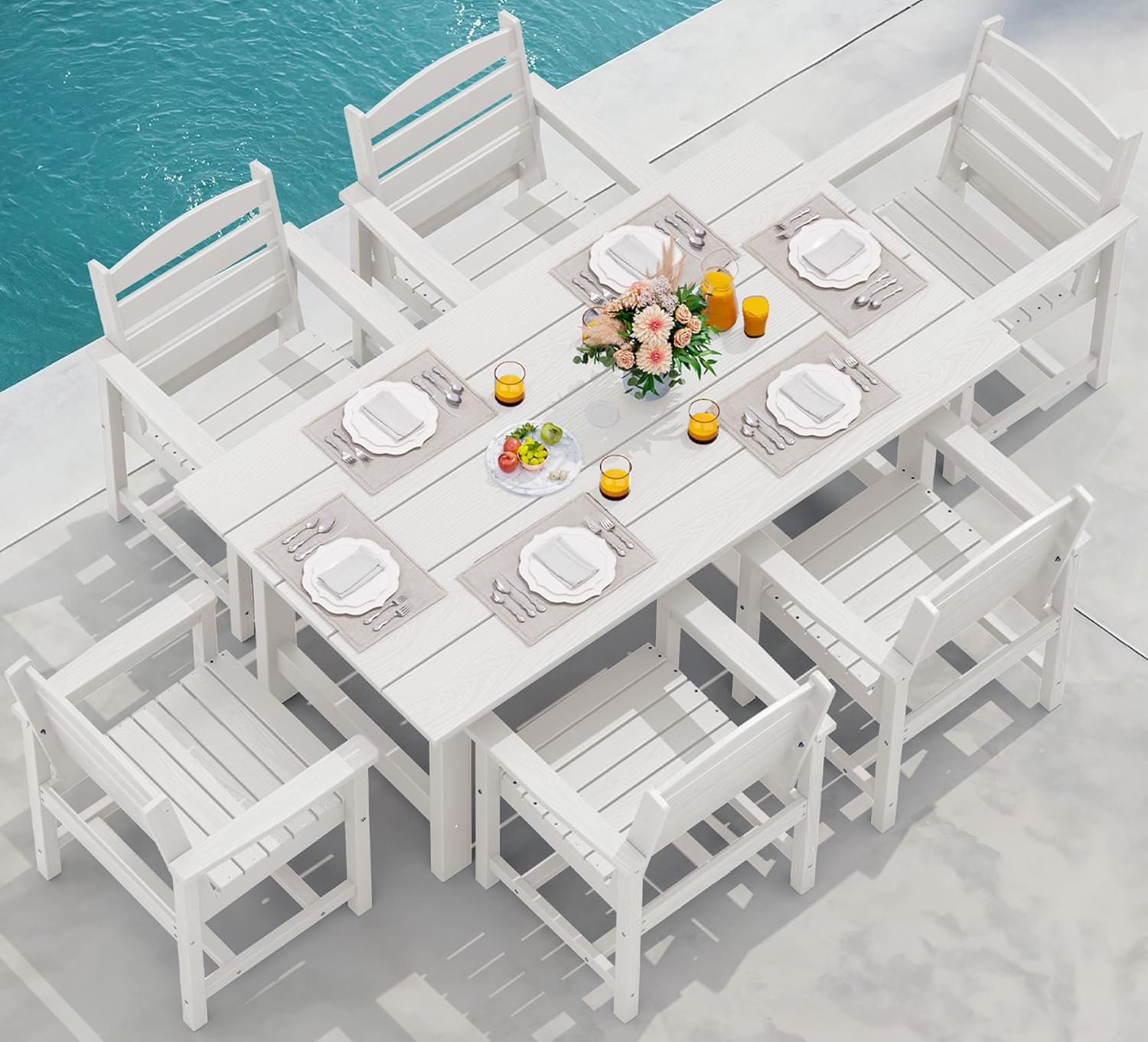 Outdoor HDPE Dining Table Set, 7-Piece Outdoor Dining Table Sets with Umbrella Hole Cut-Out Table and 6 Chairs wourant