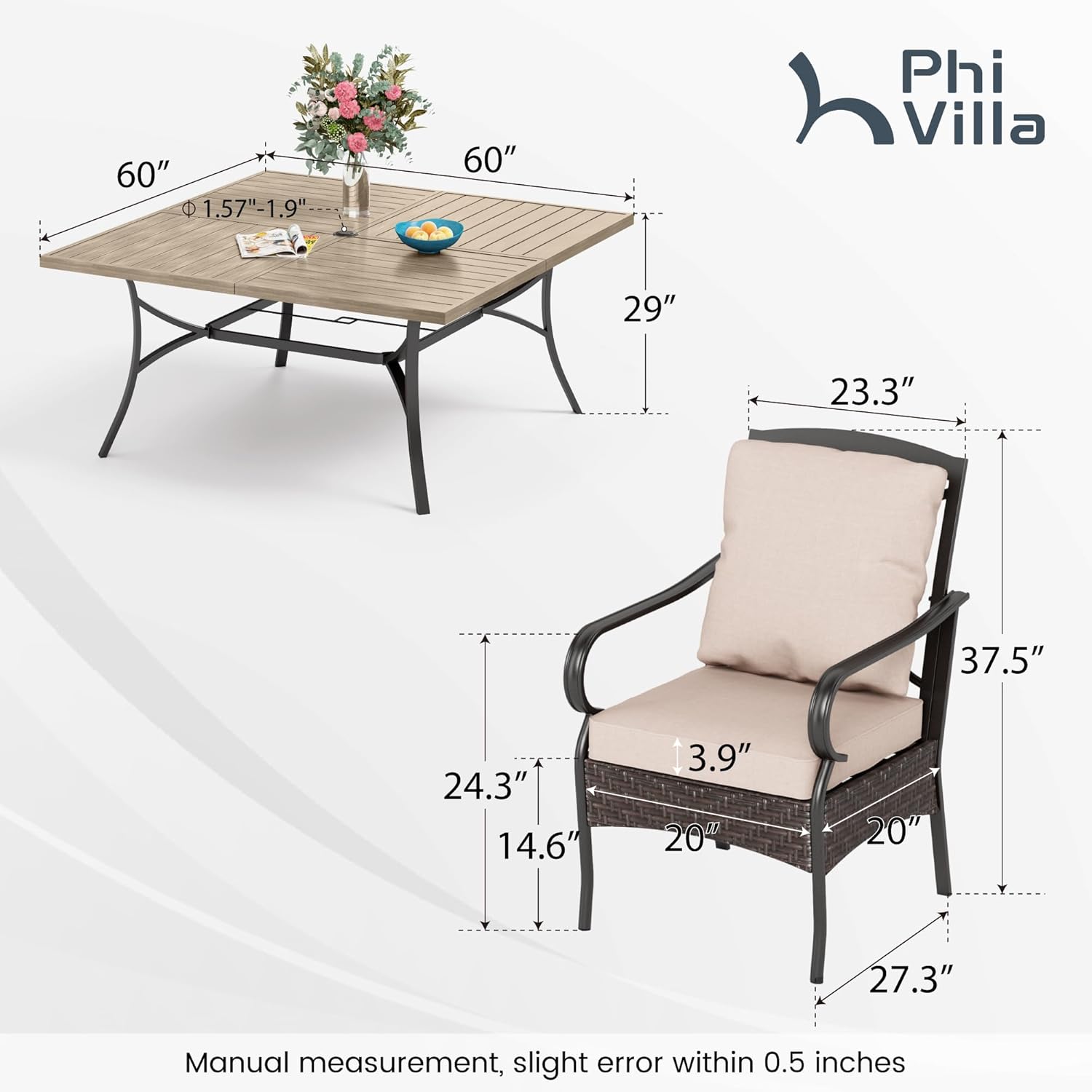 PHI VILLA 6-Piece Outdoor Dining Sets, All-Weather Patio Table and Chairs Set with Umbrella for 4, Heavy Duty Patio Round Table Set for Deck, 4 Extra Large Outdoor Swivel Chairs with Thick Cushions wourant