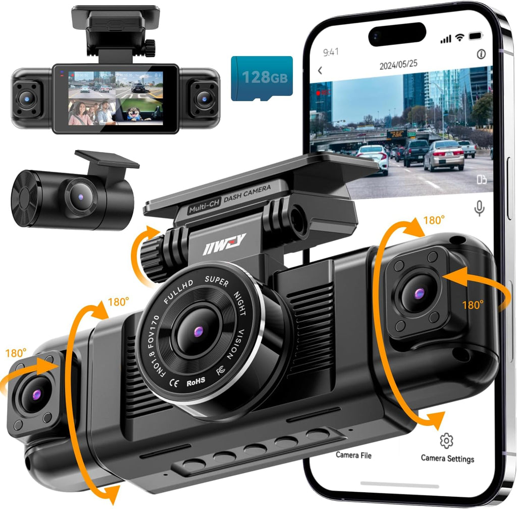 Channel Dash Cam 360° View, 1080P Front and Rear Interior, Car Left and Right Dash Cam, 8 Infrared Lights Night Vision, 5G WiFi and APP Control, G Sensor, Parking Mode, with Free 128GB SD Card wourant
