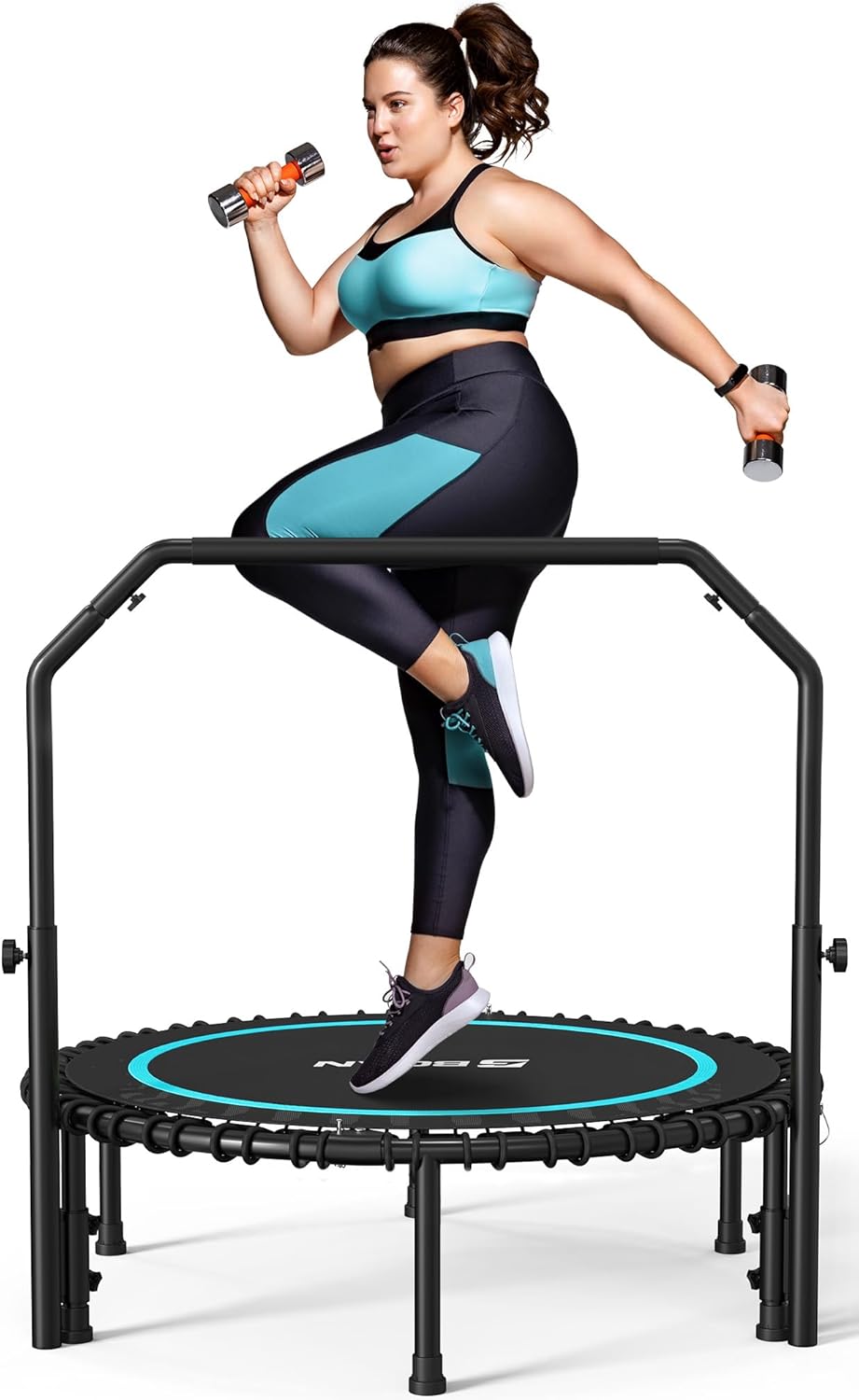 BCAN 450/550 LBS Foldable Mini Trampoline, 40"/48" Fitness Trampoline with Bungees, U Shape Adjustable Foam Handle, Stable & Quiet Exercise Rebounder for Adults Indoor/Outdoor Workout wourant