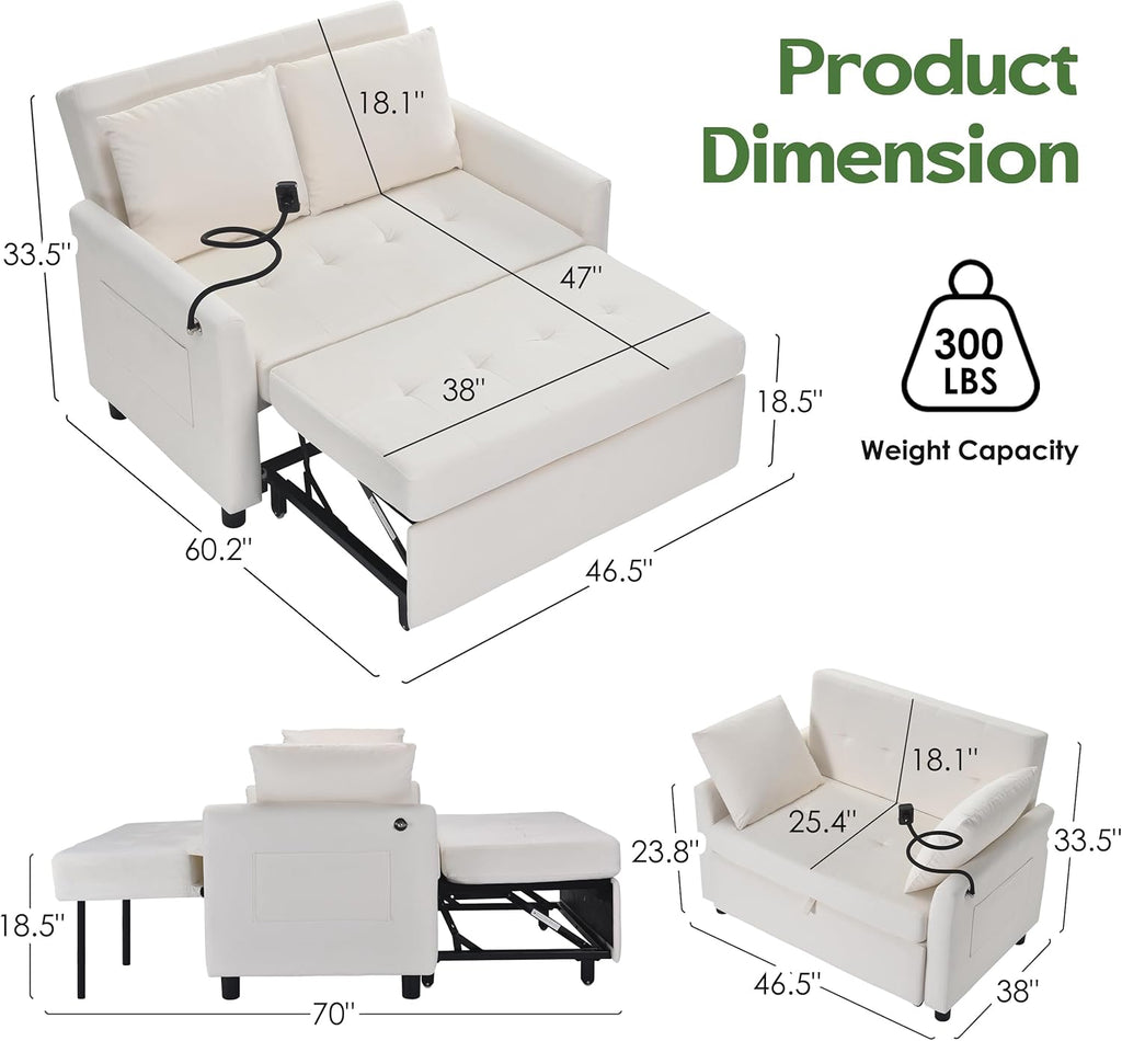 Sleeper Sofa Bed, 3 in 1 Convertible Sleeper Couch Bed Pull Out, Small Loveseat Sofa, Futon Sofa Bed Full Size, 46" Velvet Love Seat wourant