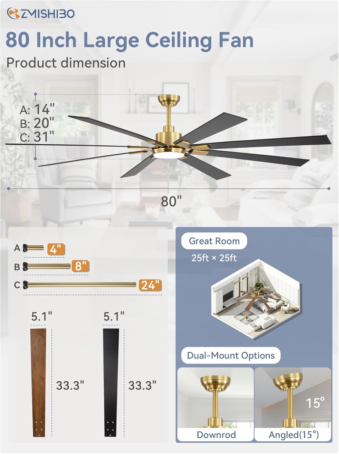 ZMISHIBO 72 inch Large Ceiling Fans with Lights and Remote, Indoor/Outdoor Black Modern Ceiling Fan for Kitchen Living Room Patio, 6 Speed Reversible Quiet DC Motor, 3 CCT, Dual Finish 8 Blades wourant
