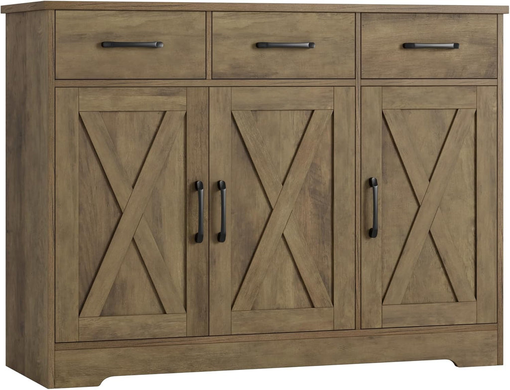 Modern farmhouse sideboard, barn door buffet storage cabinet with drawers and shelves, wooden coffee bar with storage wourant
