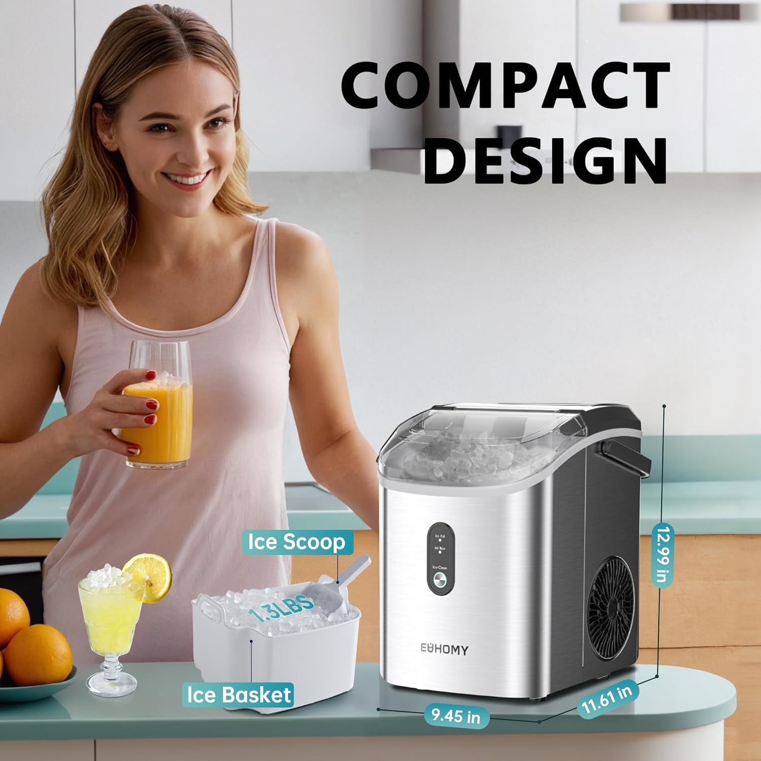 EUHOMY Nugget Ice Maker Countertop with Handle, Ready in 6 Mins, 34lbs Per Day, Removable Top Cover, Auto-Cleaning, Portable Sonic Ice Maker with Basket and Scoop, for Home/Party/RV/Camping (Black) wourant